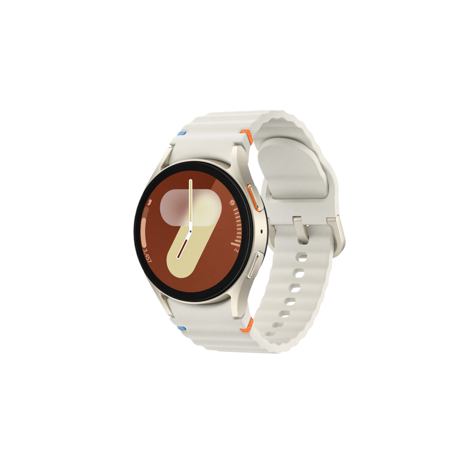 Une montre connectée blanche avec un bracelet blanc. L'écran affiche une horloge marron et jaune.