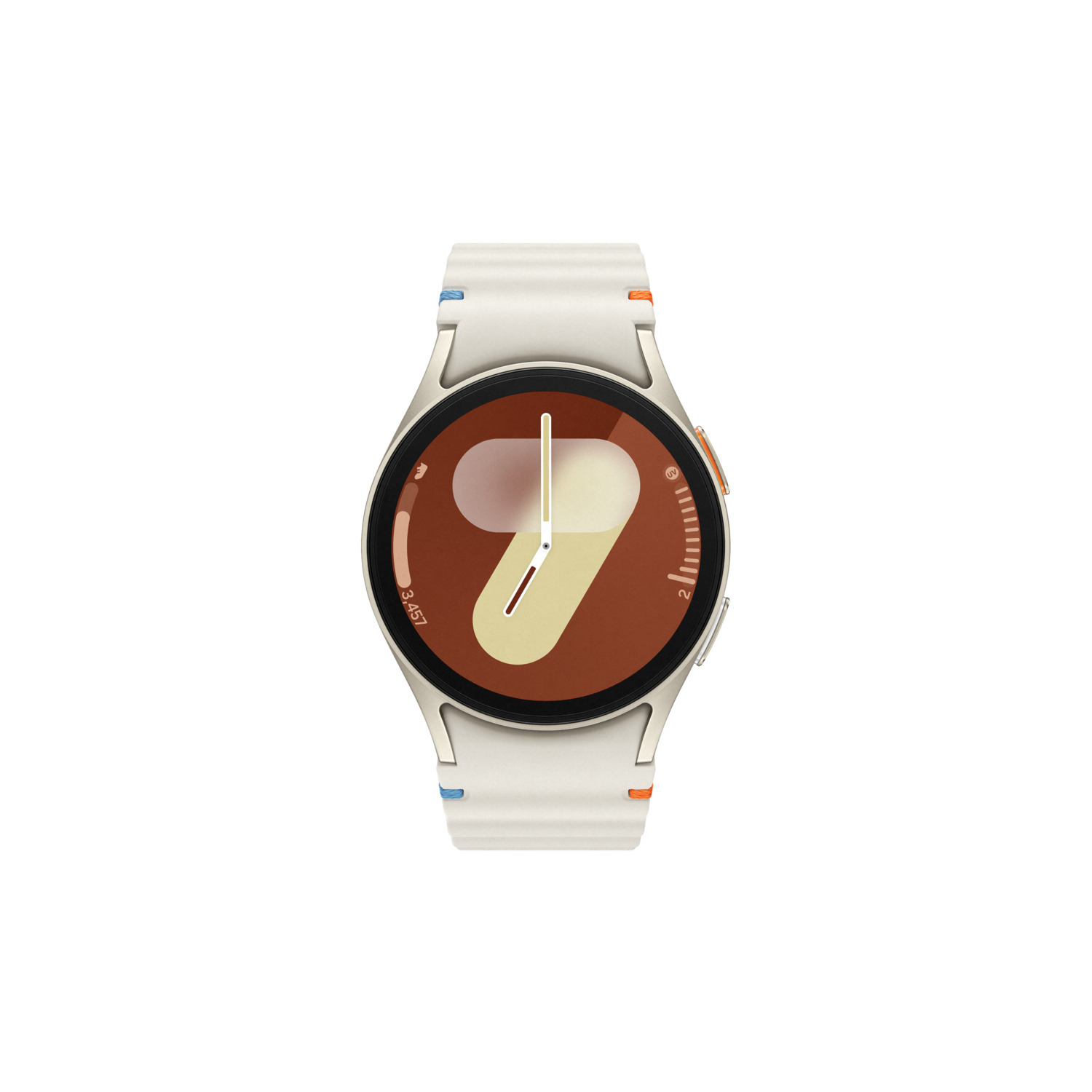 Montre connectée blanche avec cadran beige, affichant l'heure. Bracelet blanc avec accents orange et bleu.