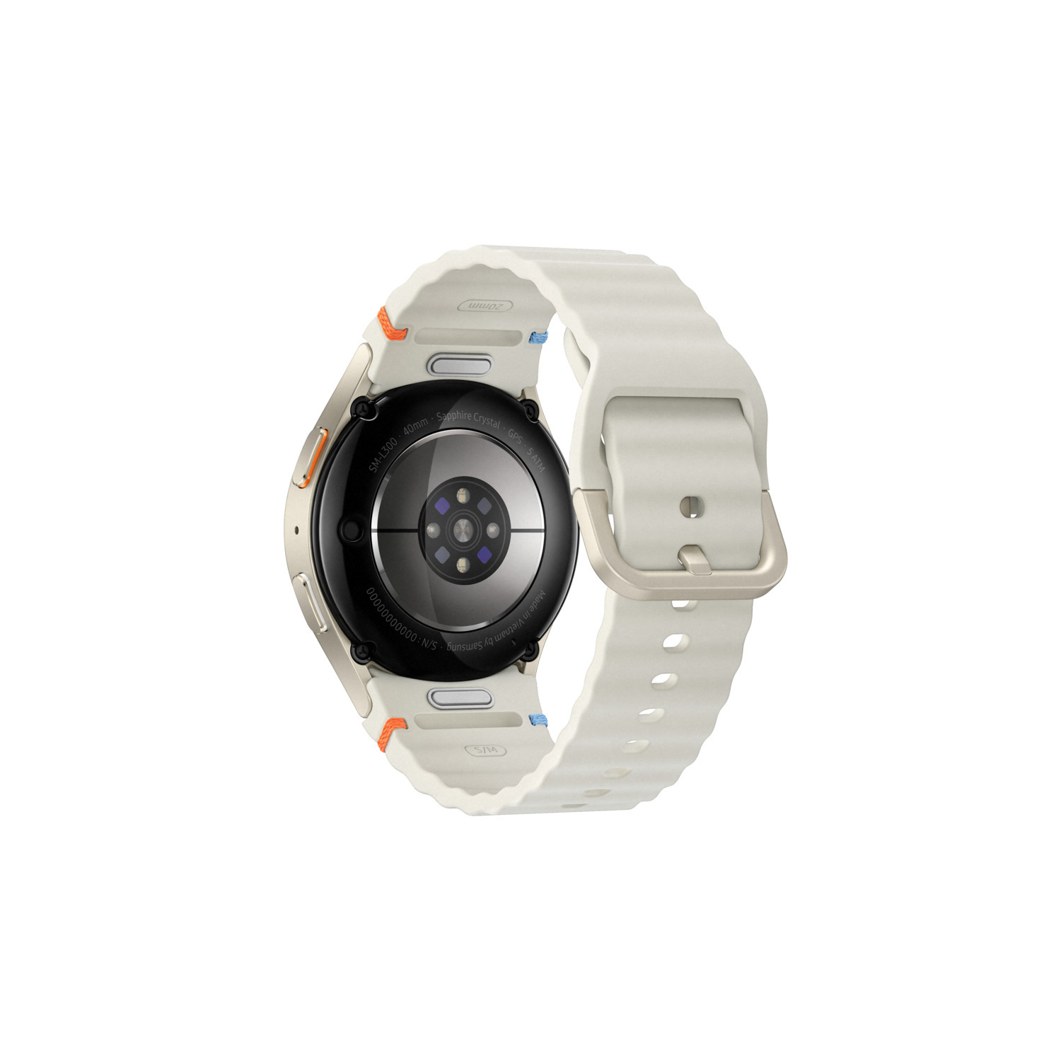 Une montre connectée avec un bracelet blanc, montrant l'arrière de la montre.