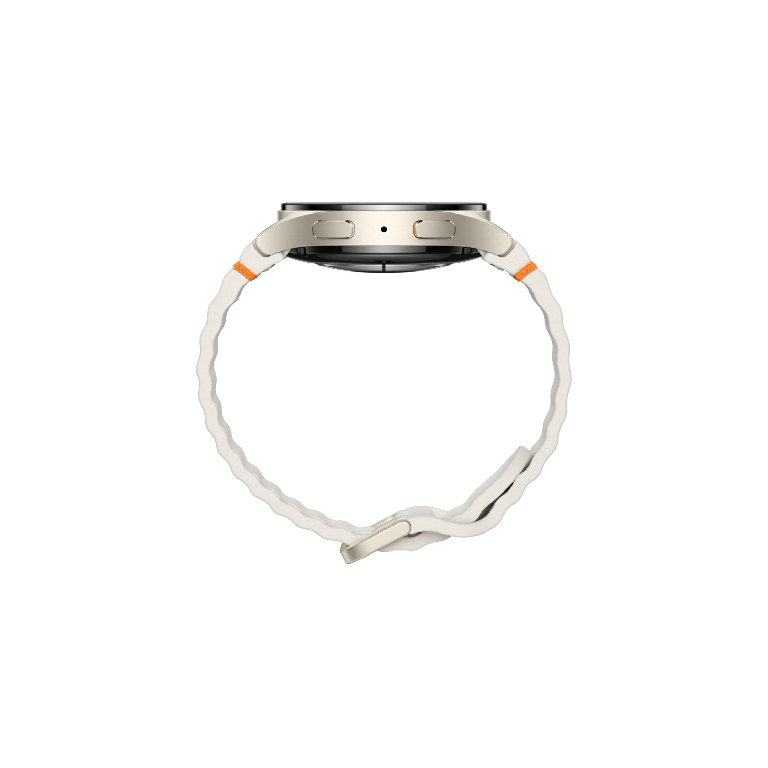 Vue latérale d'une montre connectée avec bracelet blanc, sur fond noir.