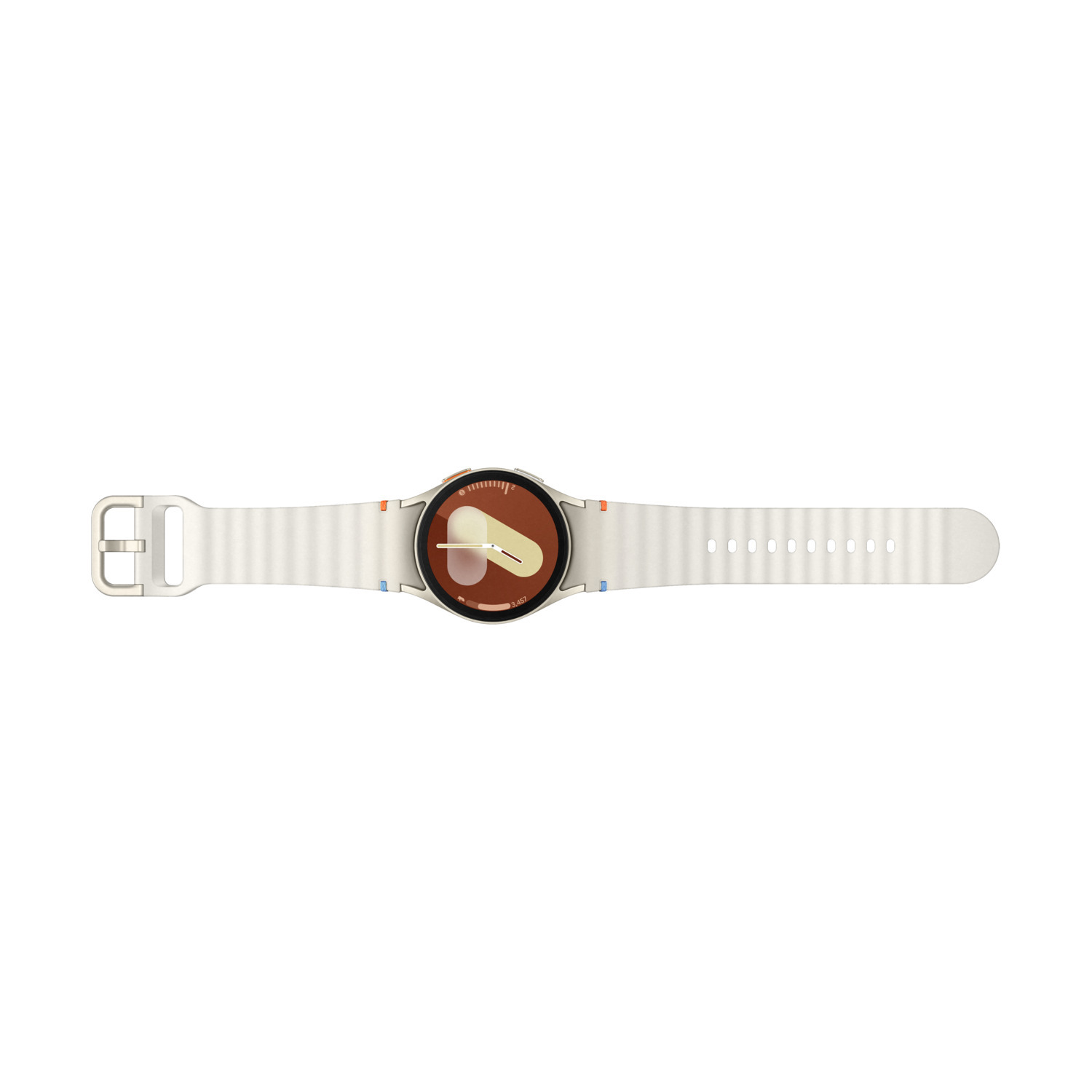 Montre connectée blanche avec écran circulaire et bracelet blanc.