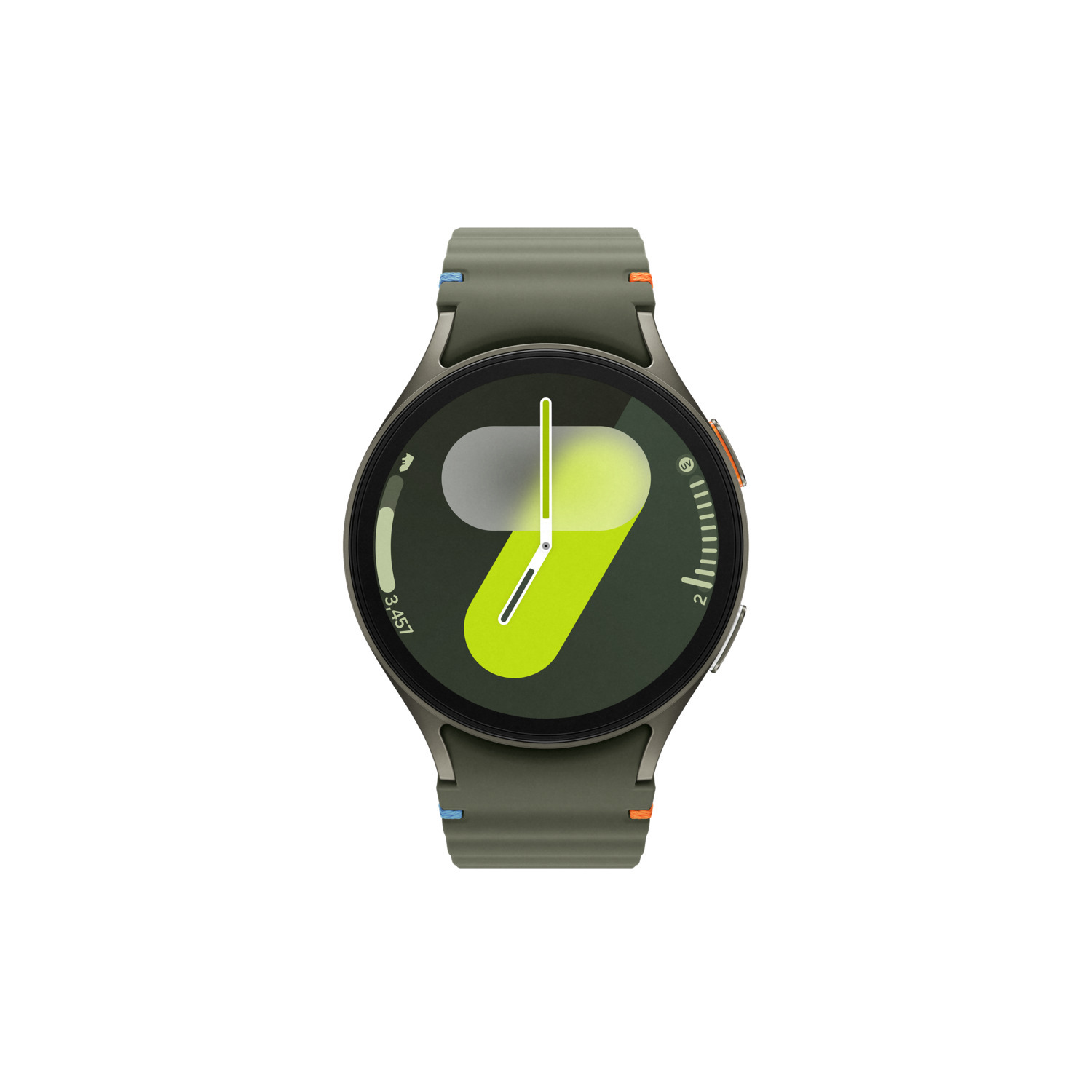 A green smartwatch with a green band. The watch face shows the time and the number 3,457.