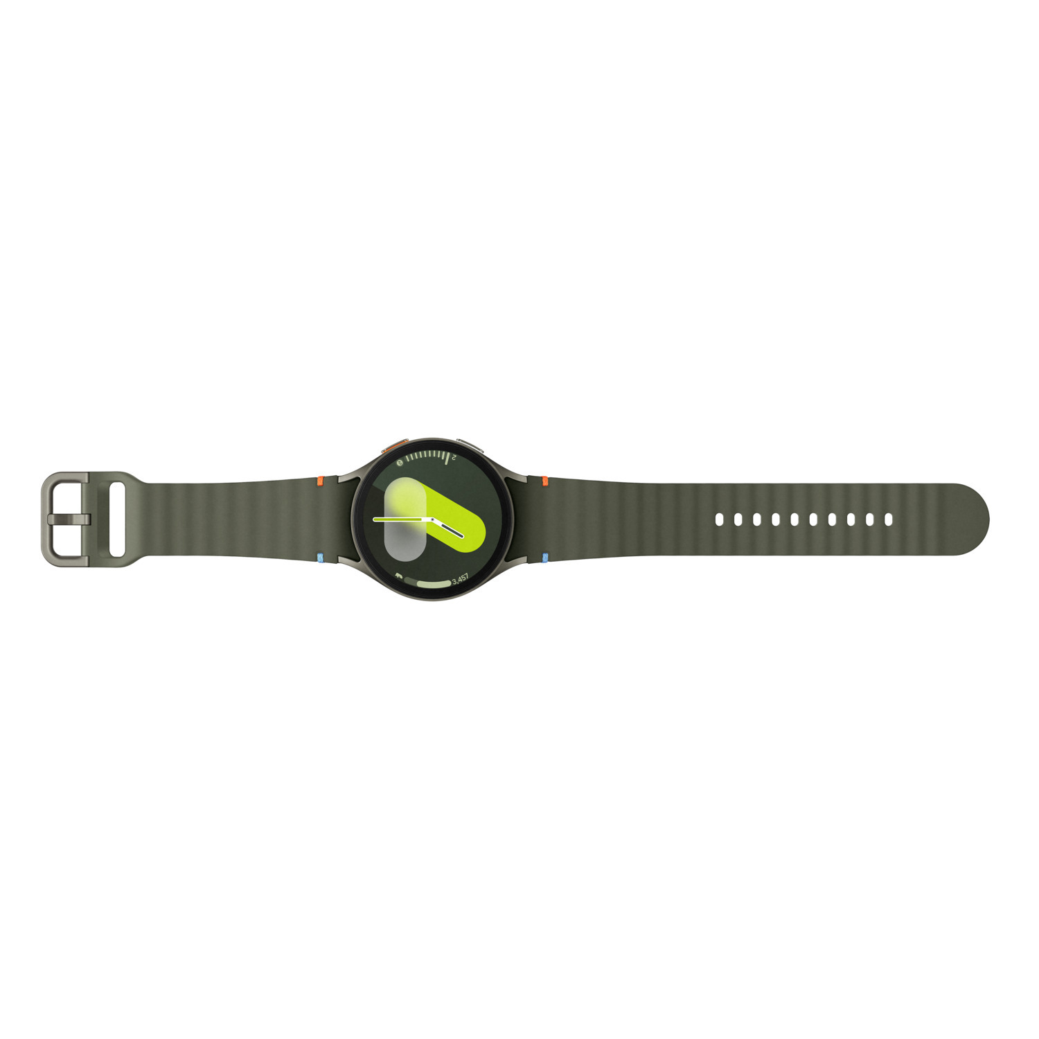 Green smartwatch with olive strap.