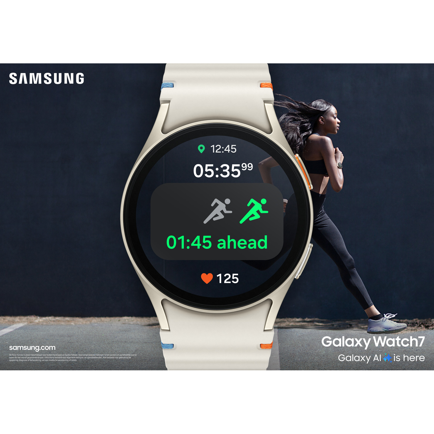 Woman running, smartwatch shows 01:45 ahead, 125 HR. Text: Galaxy Watch7.