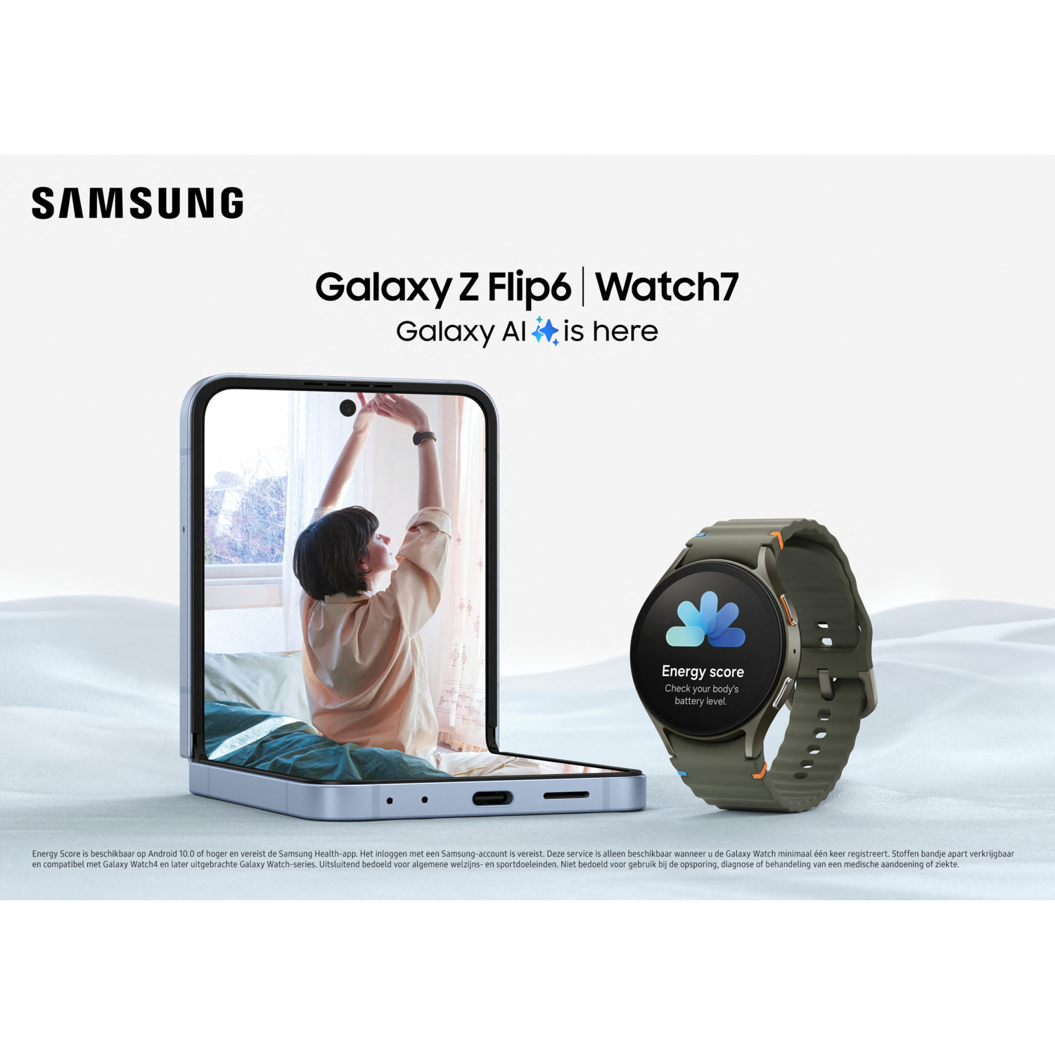 A tablet displaying a woman with a smart watch. A green smart watch is to the right of the tablet.