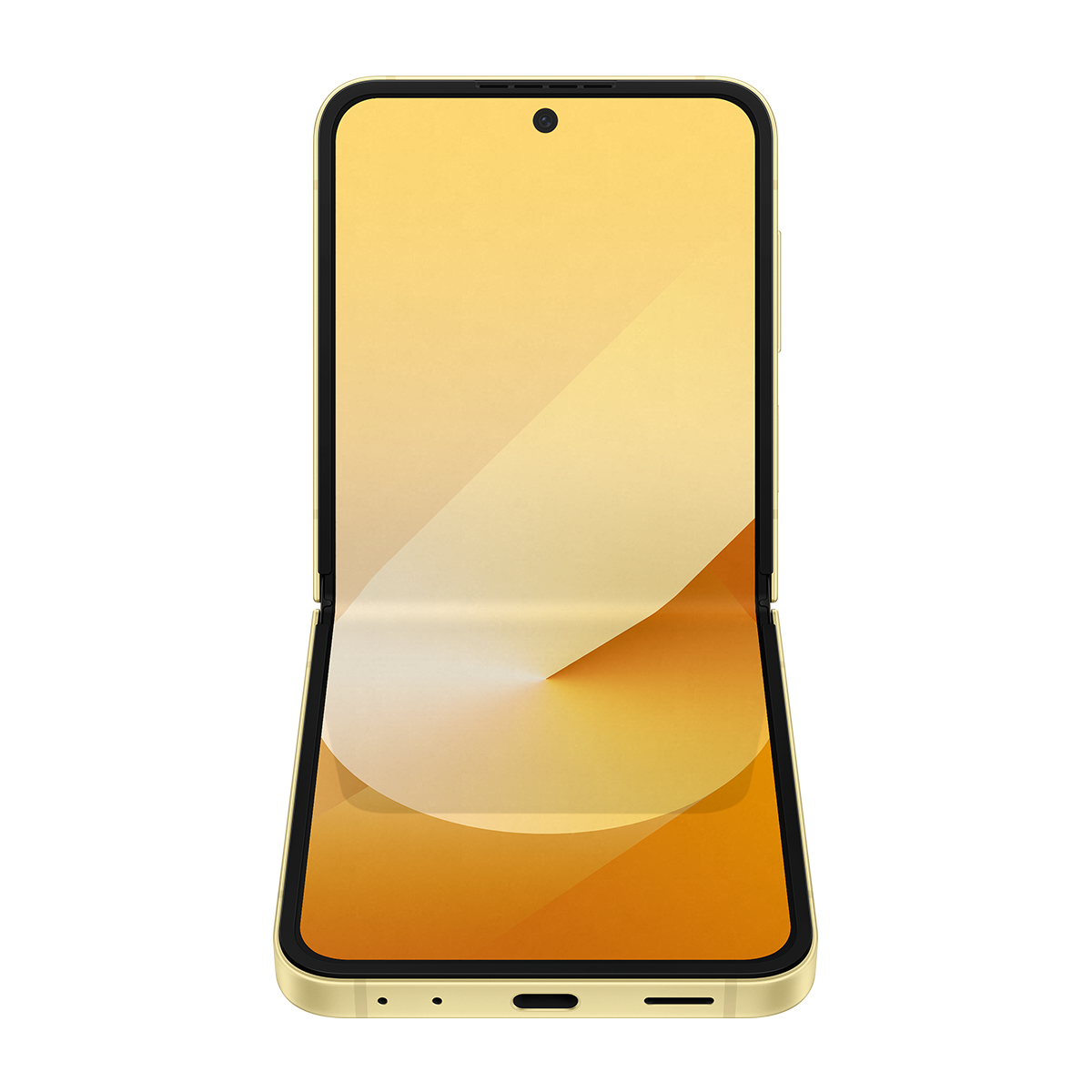 Altın katlanabilir telefon, bir açıyla açık, altın ekran ve siyah çerçeve ile.