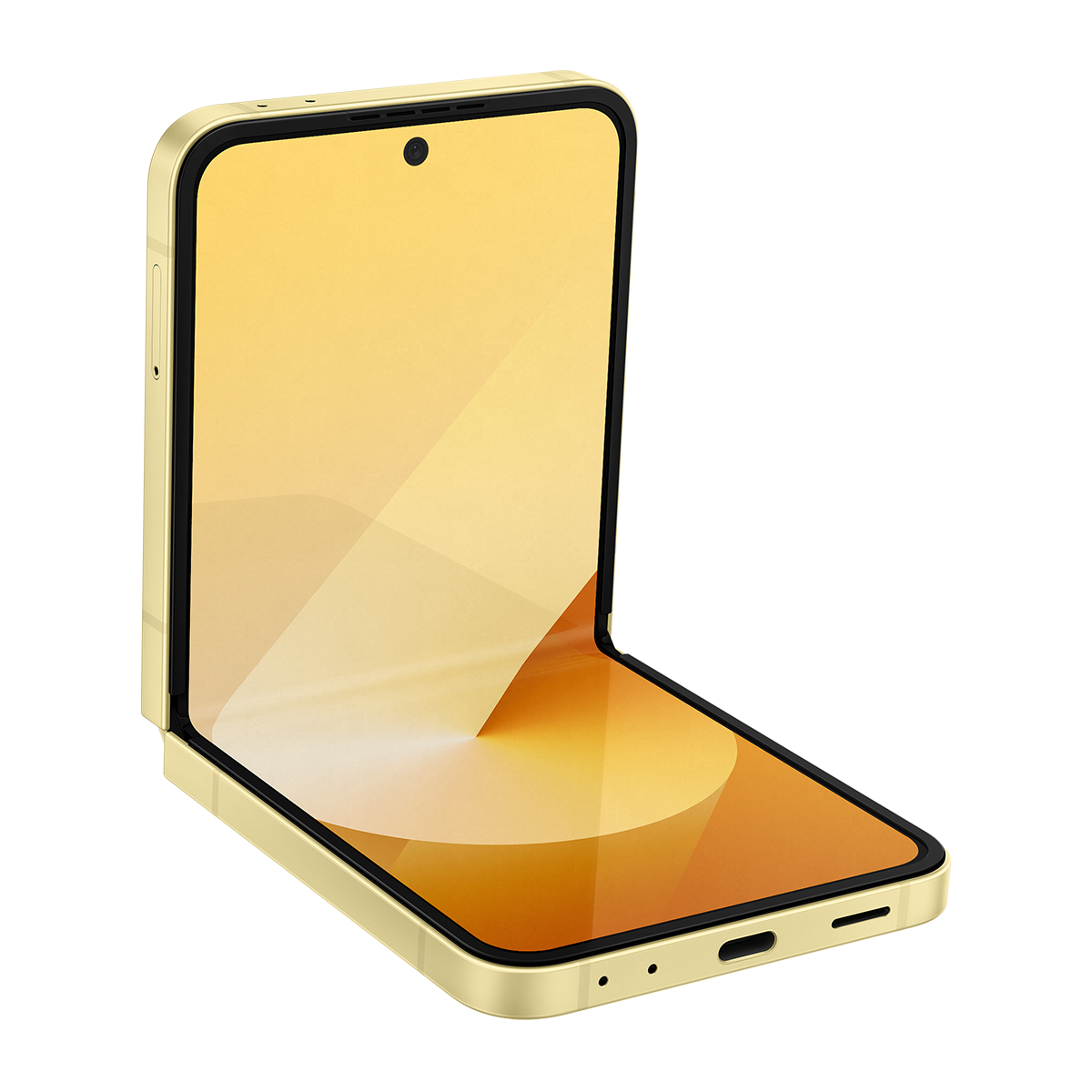 Altın rengi bir Samsung Galaxy Z Flip6 telefonu açık. Ekran sarı ve turuncu bir görüntü gösteriyor.
