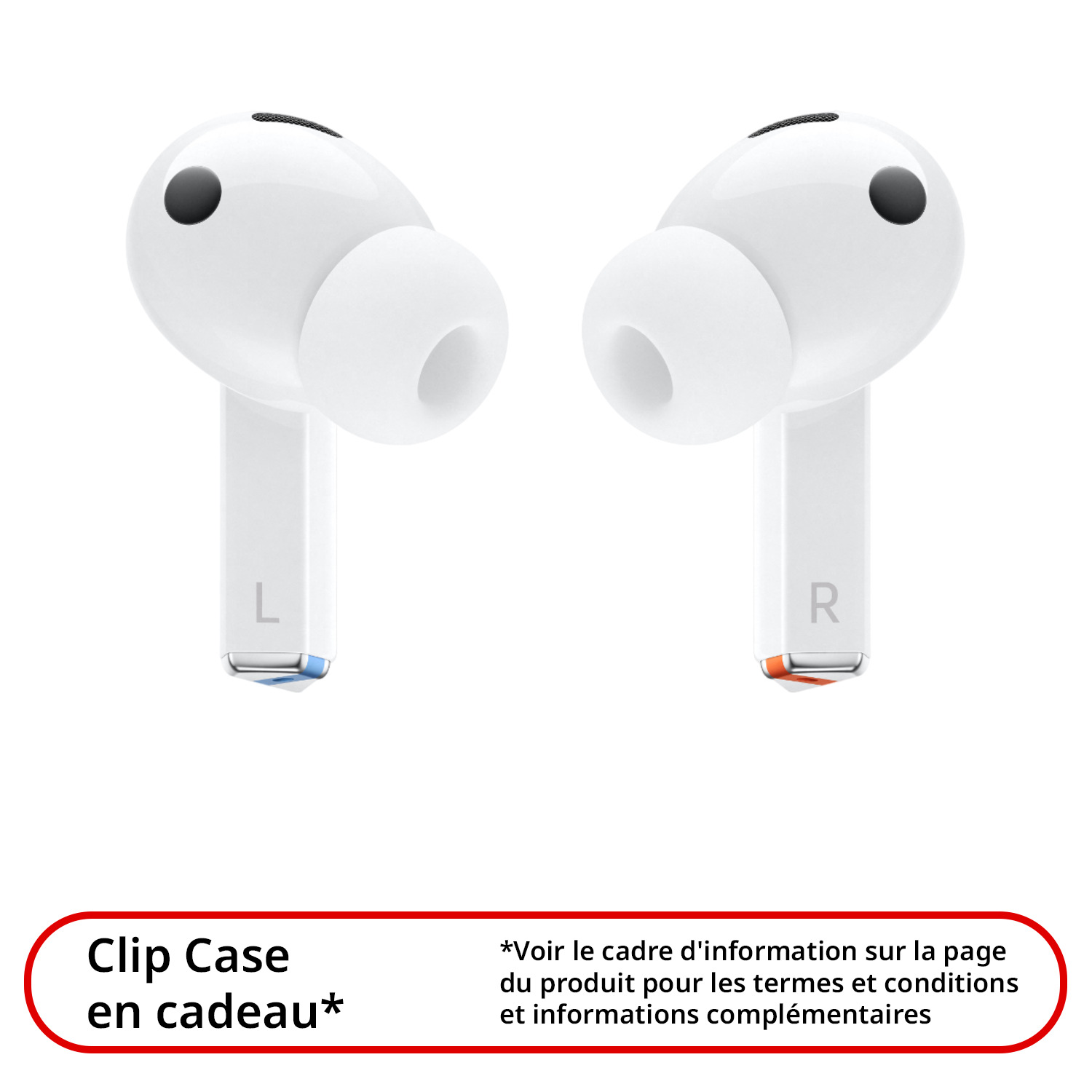 Deux écouteurs blancs avec un étui de chargement. Texte 'Clip Case en cadeau'. Fond blanc.