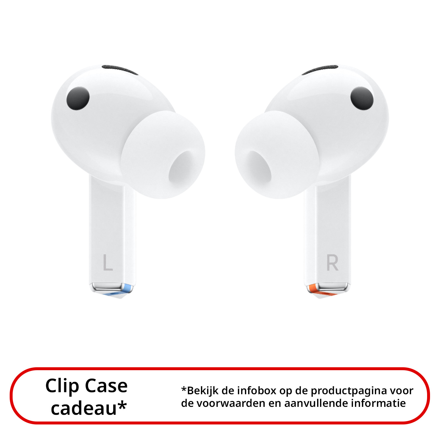 Two white earbuds with the letters 'L' and 'R' on them, against a white backdrop.