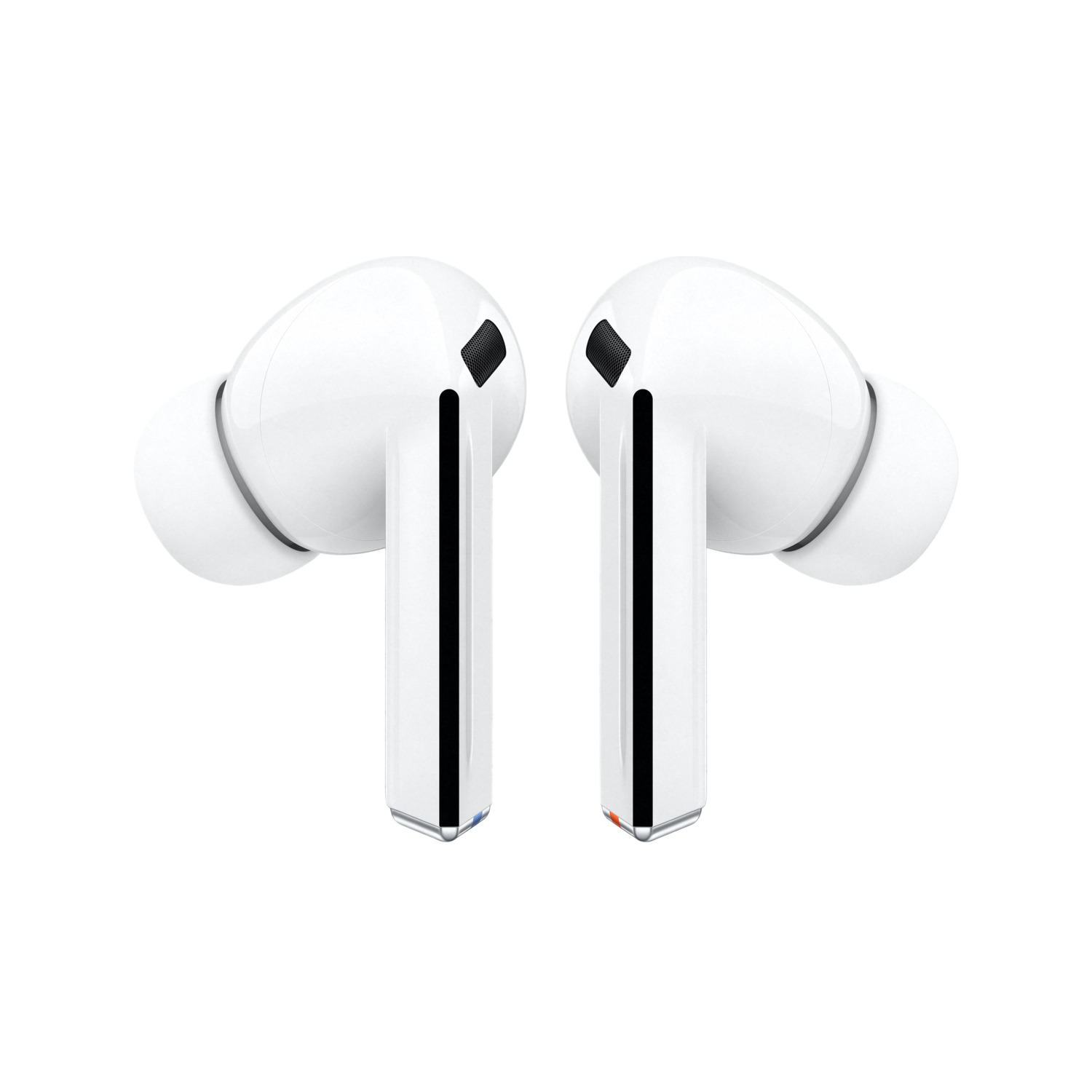 Two white wireless earbuds, facing upwards.