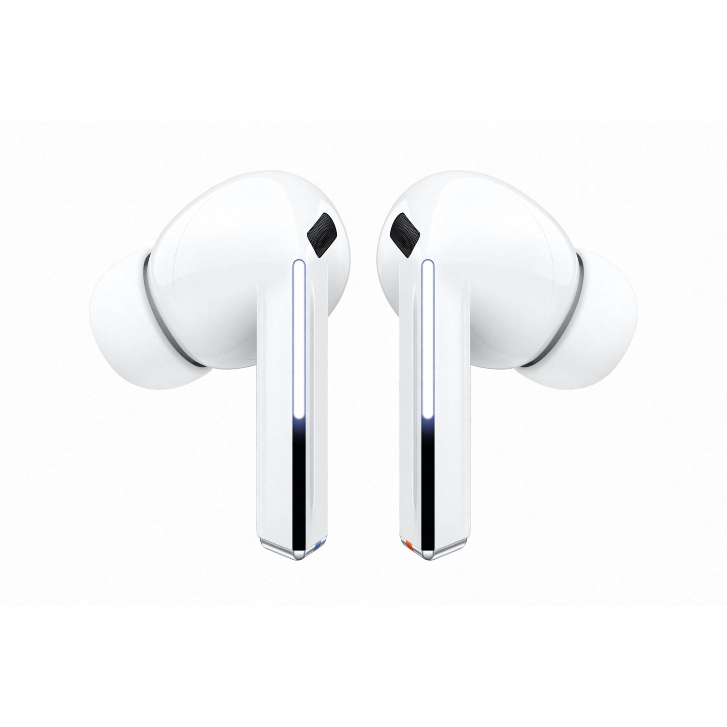 White wireless earbuds, showing the shape and design.