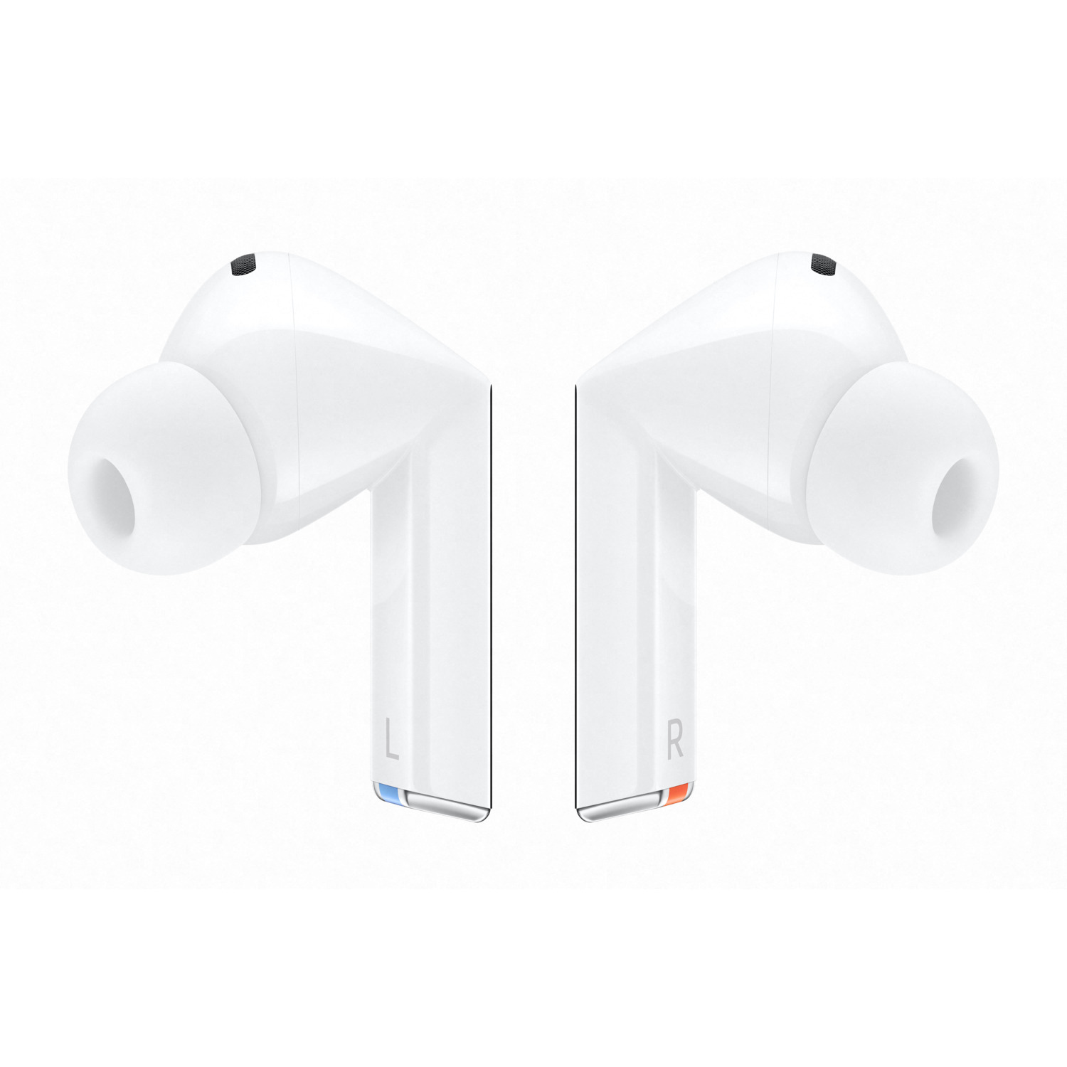 Two white earbuds, angled, with 'L' and 'R' markings on the bottom.