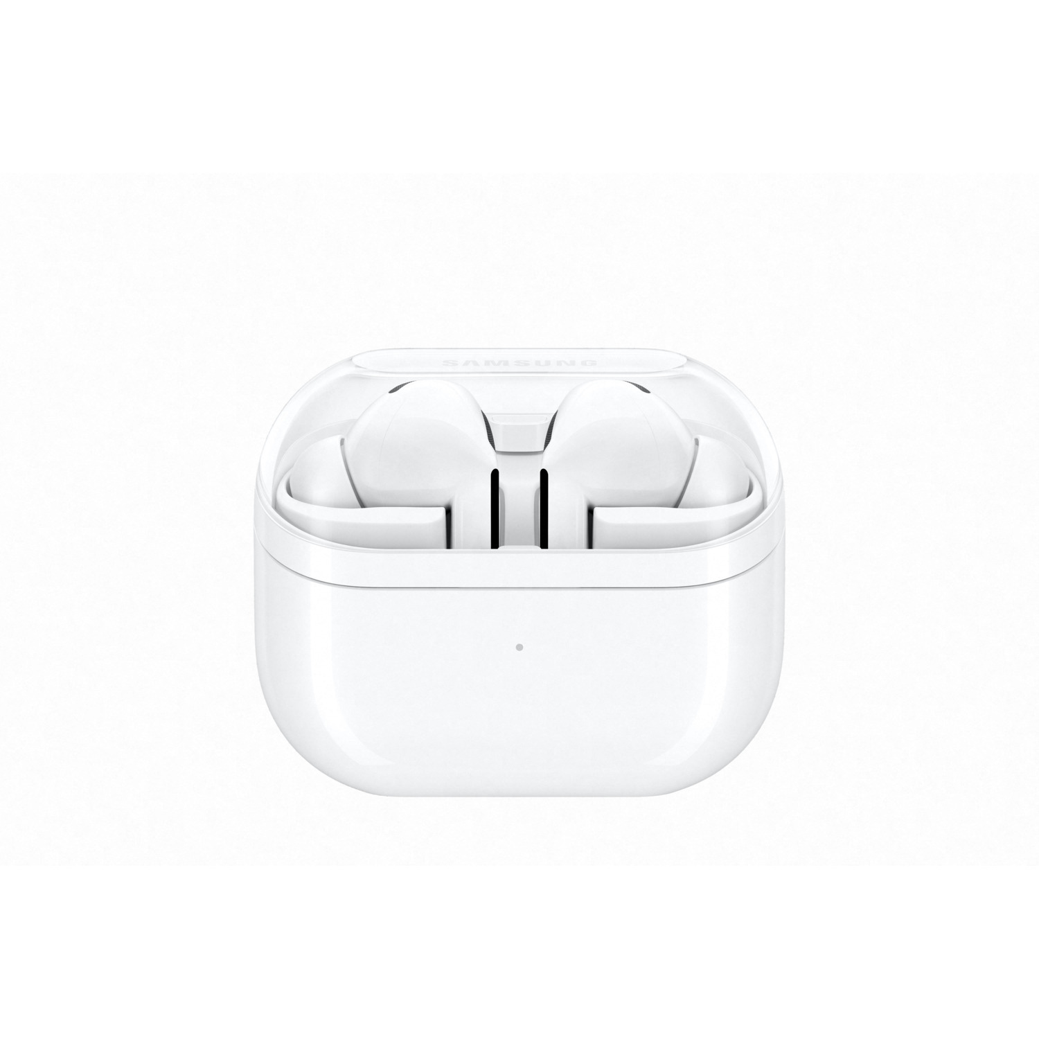 White wireless earbuds in a white charging case, on a white background.