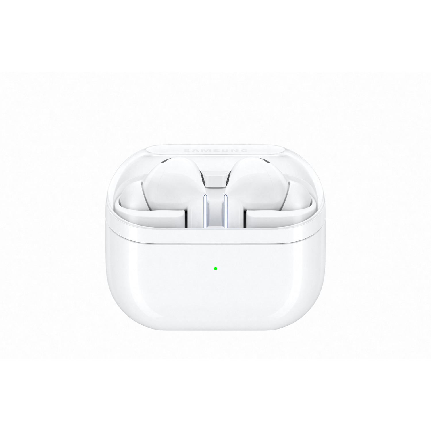 White wireless earbuds in a white charging case.