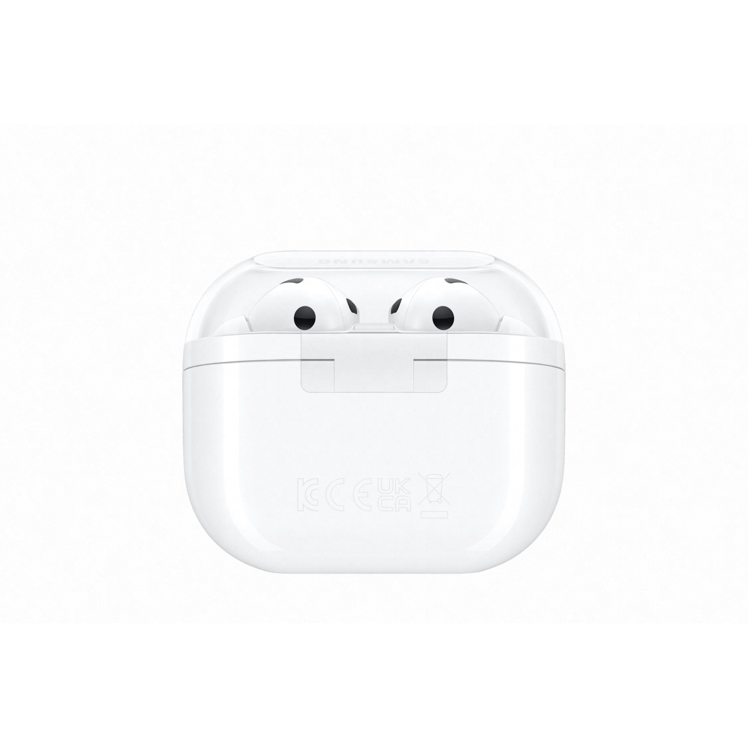 White earbuds in their charging case. The case is white and has the brand logo. White background.