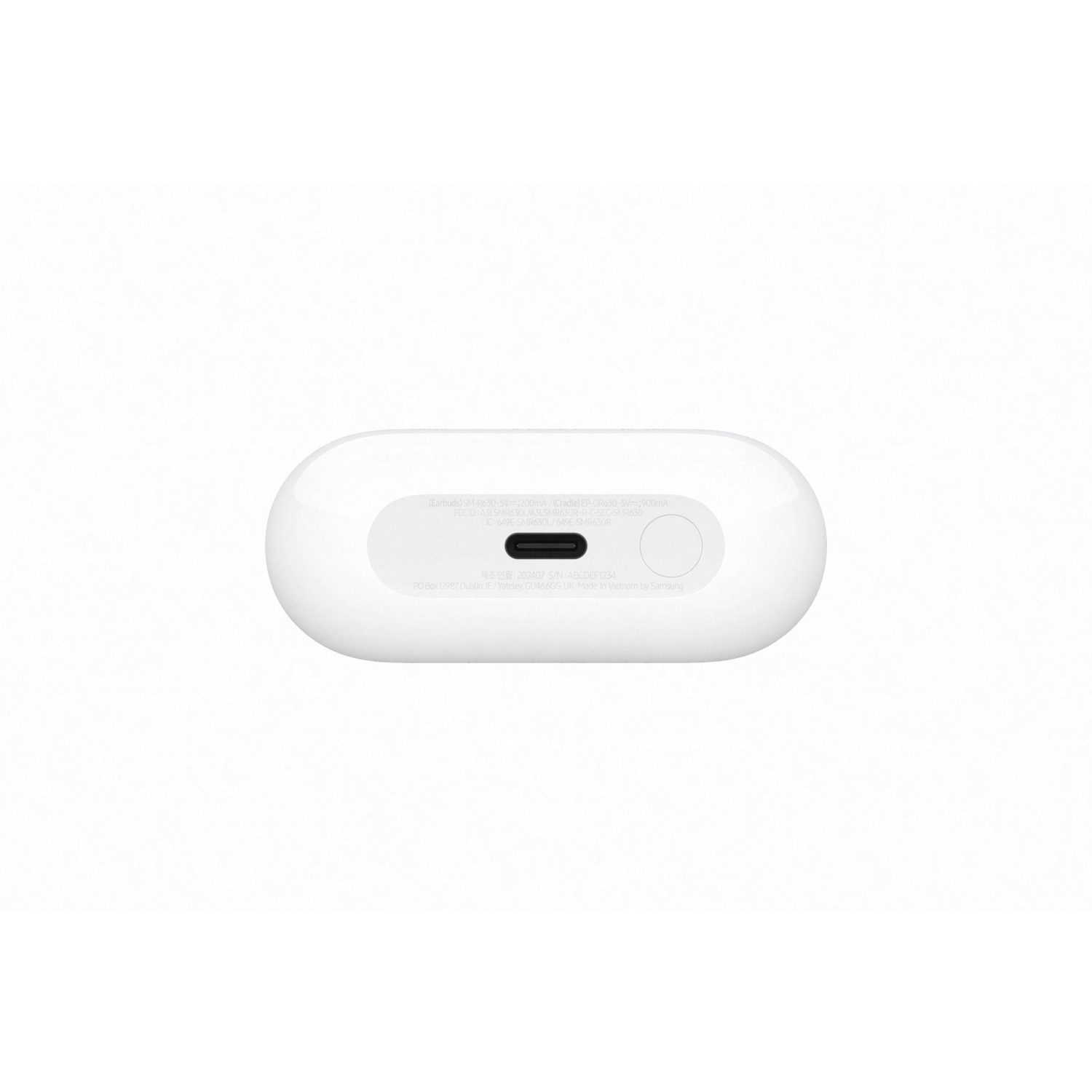 White, oval charging case bottom. The charging port and details are visible.