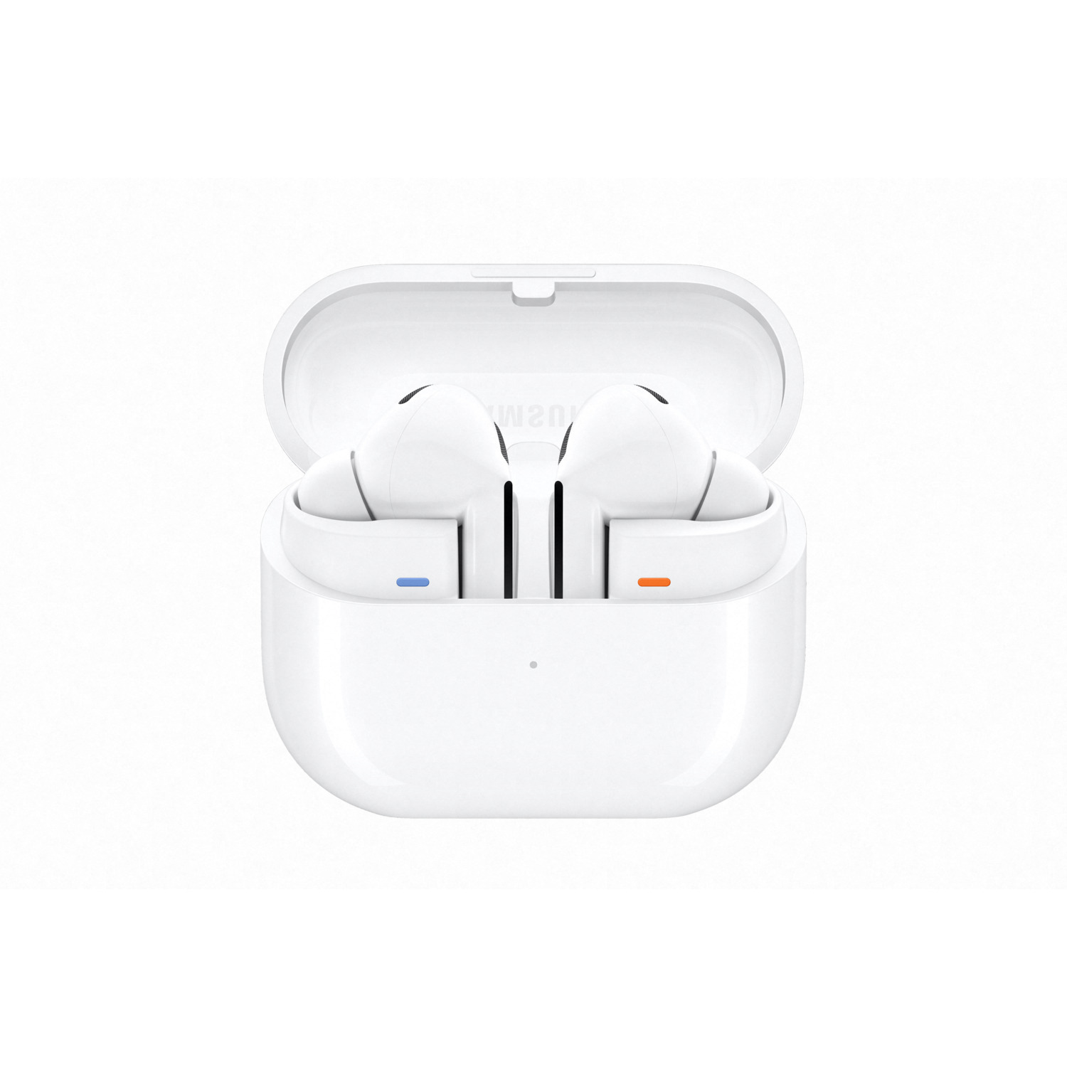White earbuds in open white case. Earbuds have black interior, blue and orange accents.