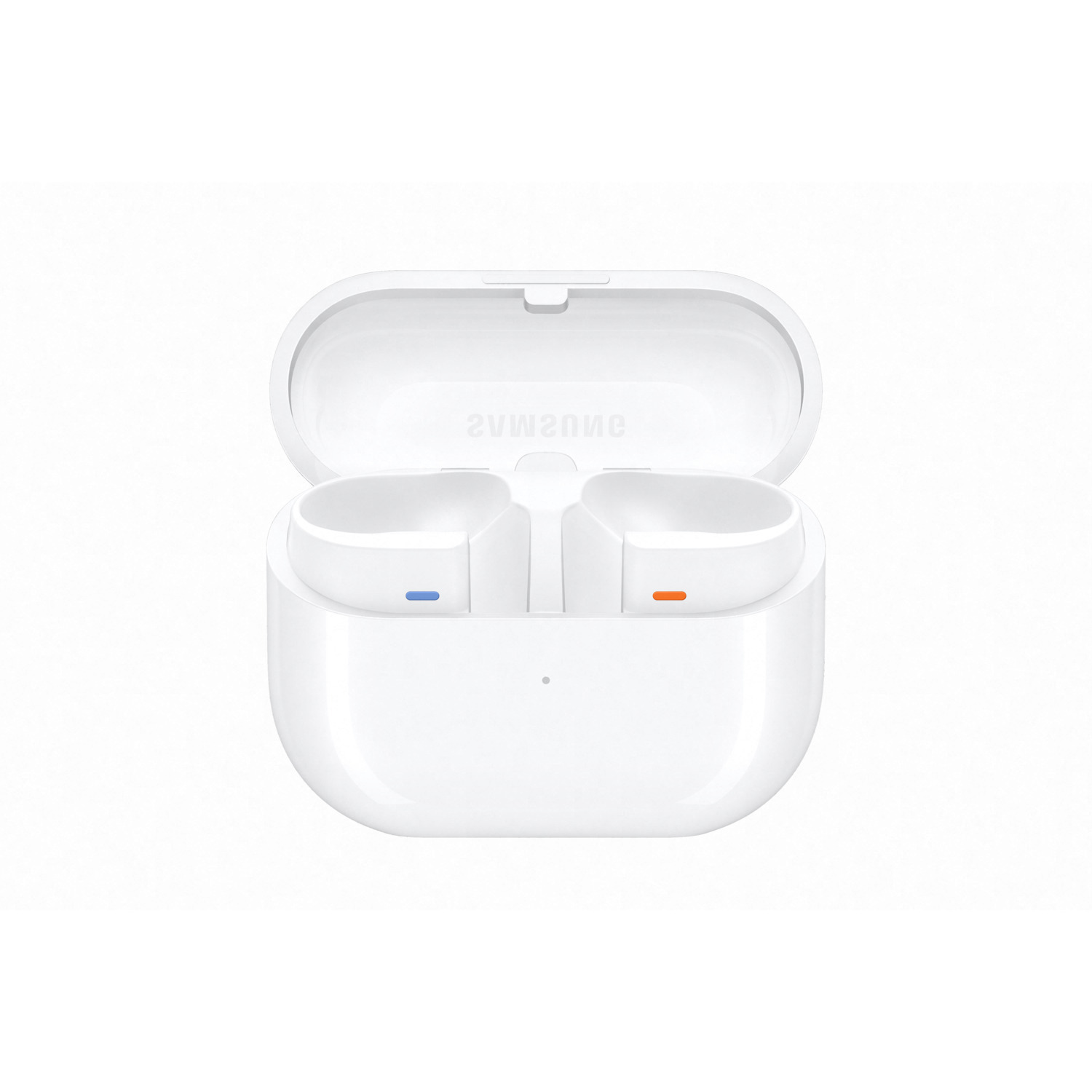 White earbud charging case, open. Two earbuds inside with blue and orange indicators.