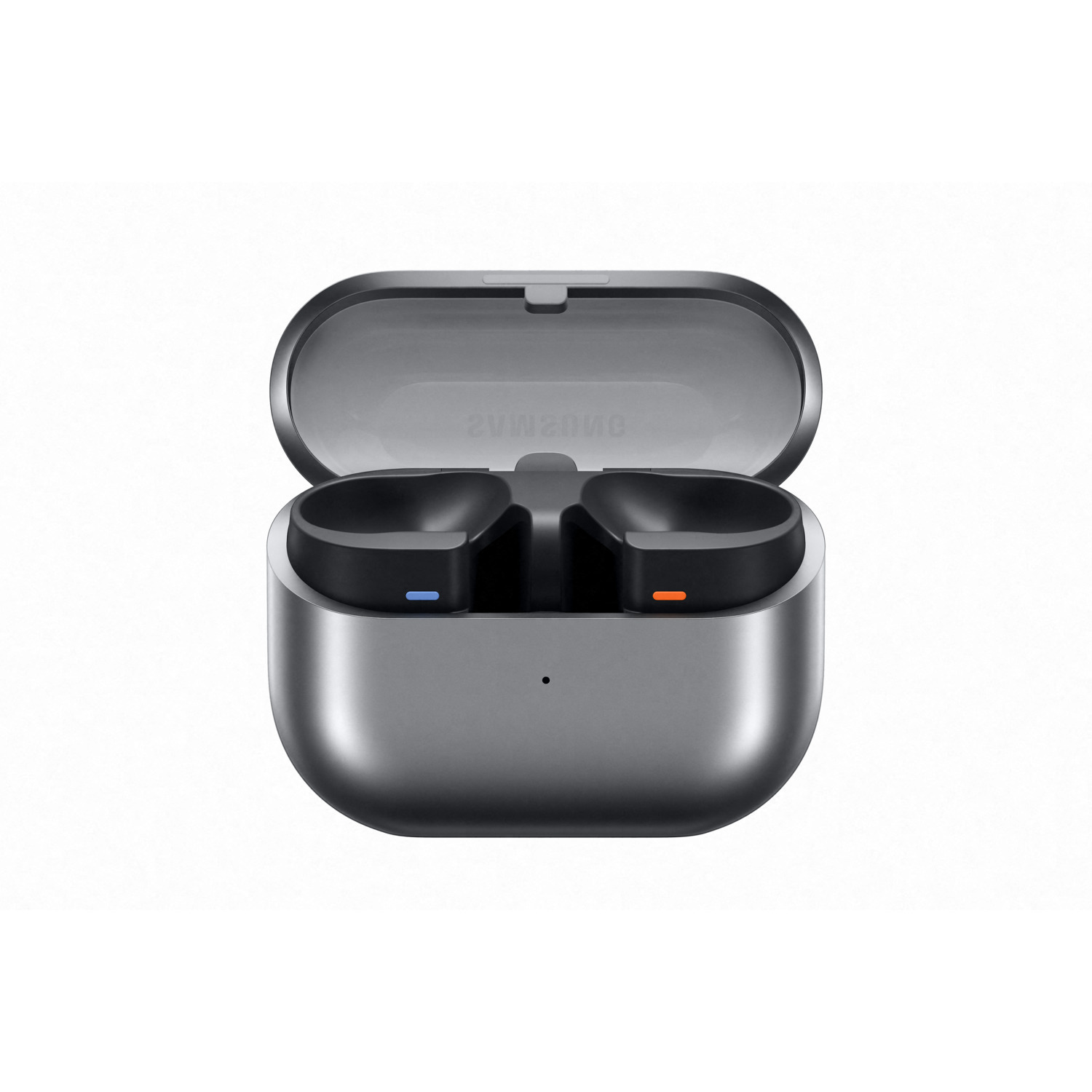 Een lichtblauwe telefoonhoes met een Samsung Galaxy Z Flip6 erin, opengeklapt, met twee camera's en een ring.