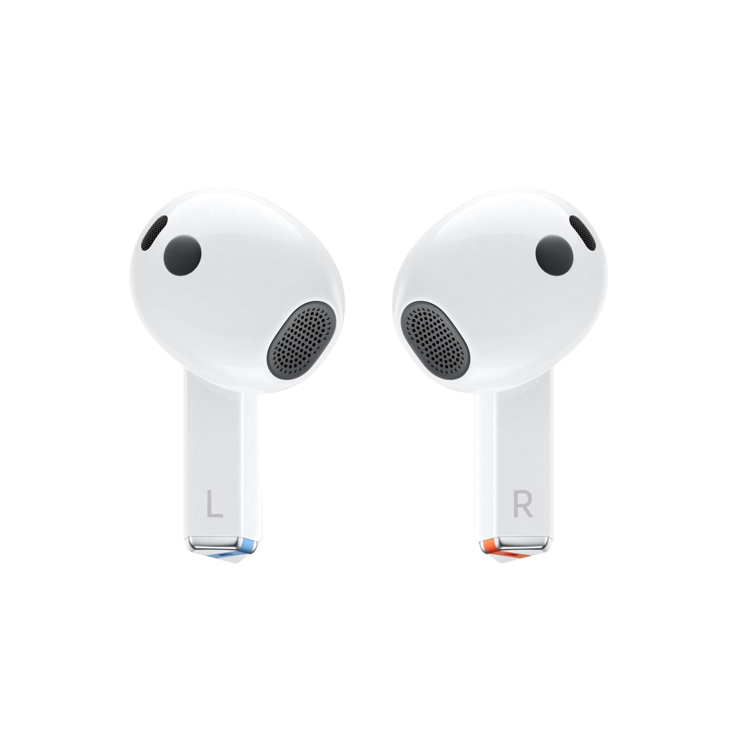Paar witte Apple AirPods, met 'L' en 'R' indicatoren.