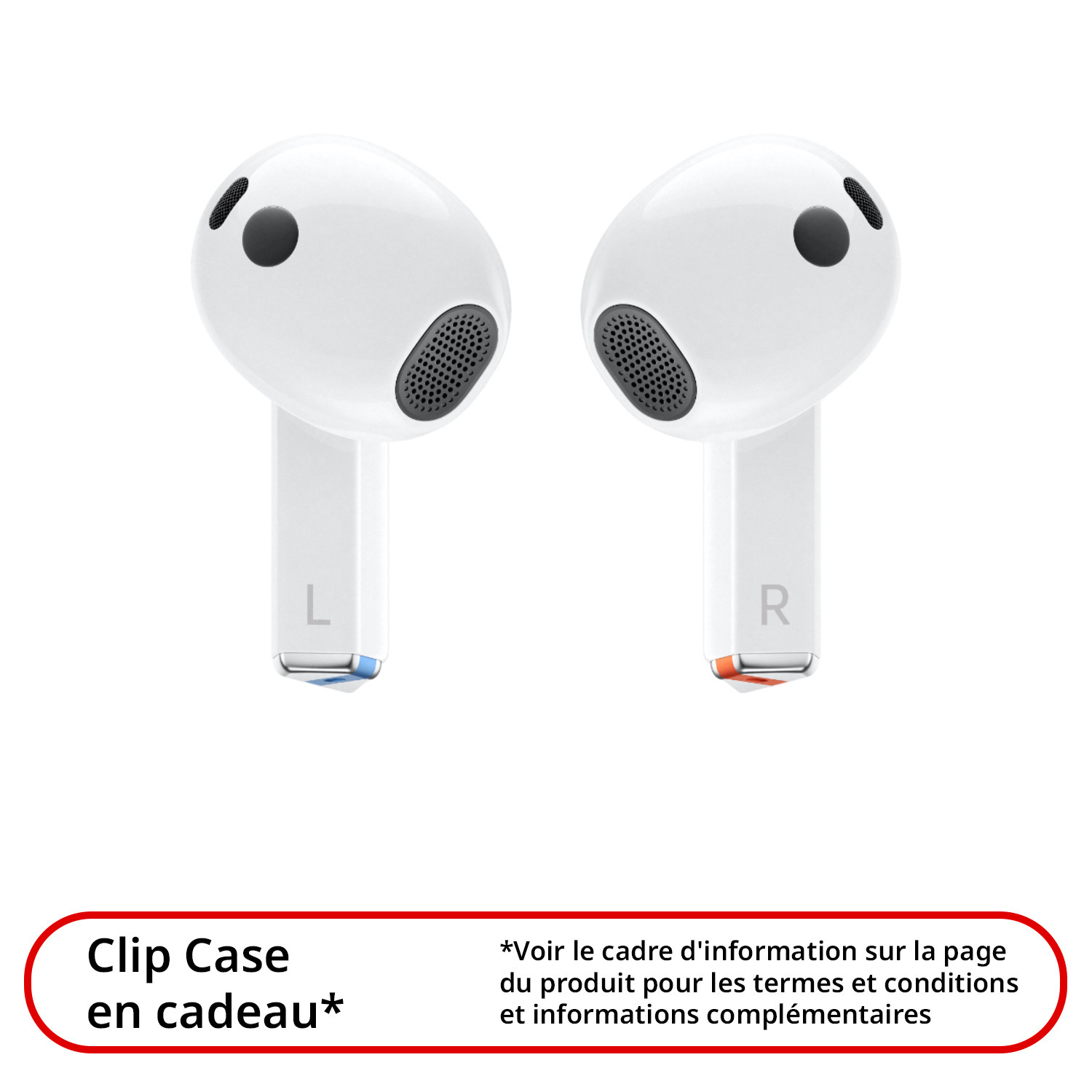 Deux écouteurs blancs avec les marquages 'L' et 'R'. Le texte indique 'Clip Case en cadeau'.