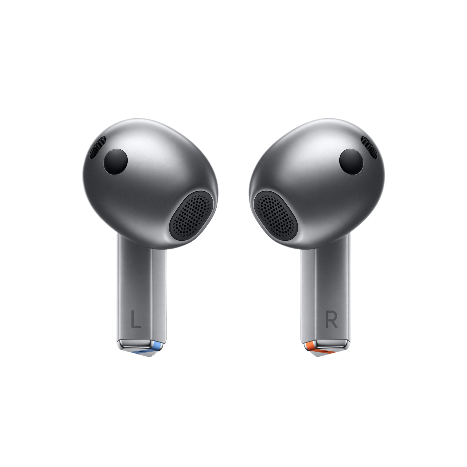 Twee grijze oordopjes met de letters L en R. Ze staan op een zwarte achtergrond.