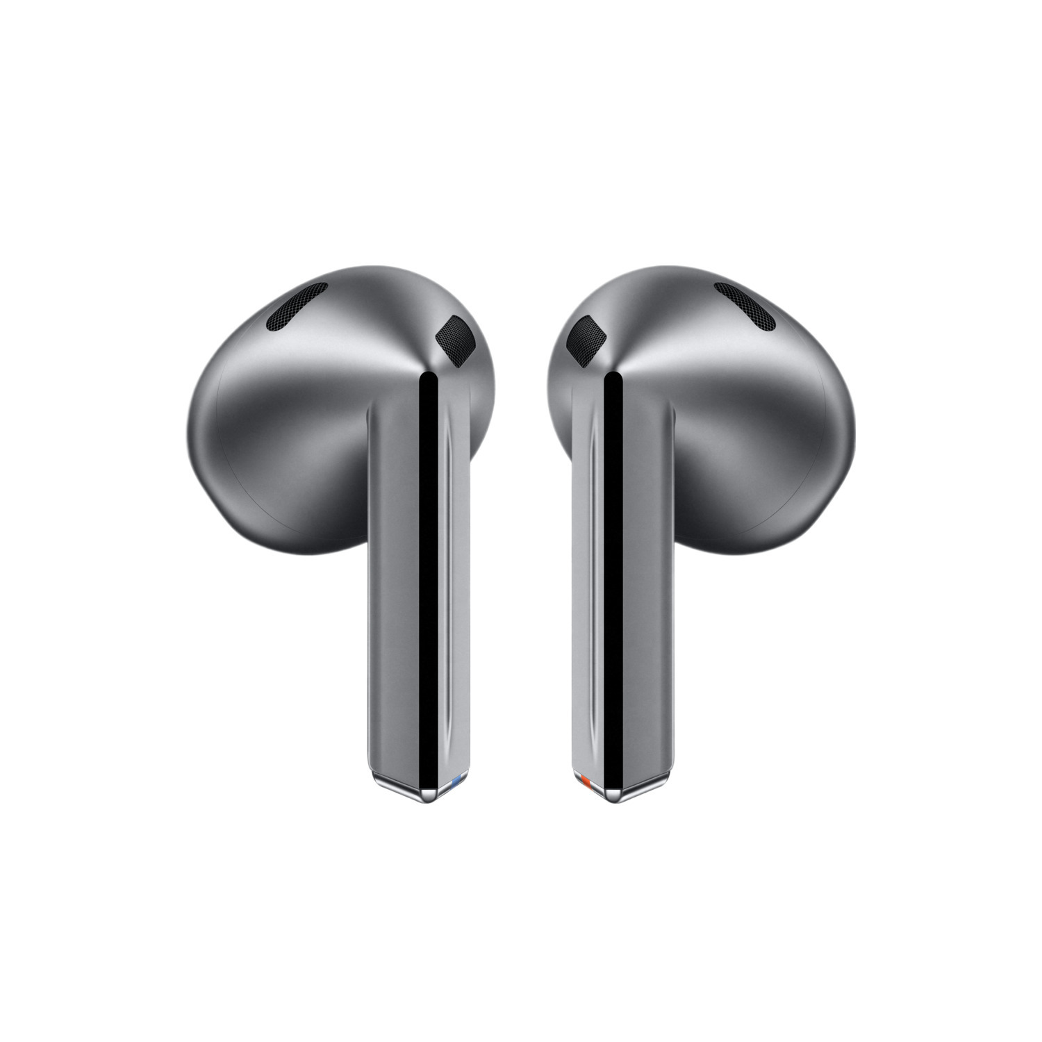 Two silver earbuds on a white background. They are separated.