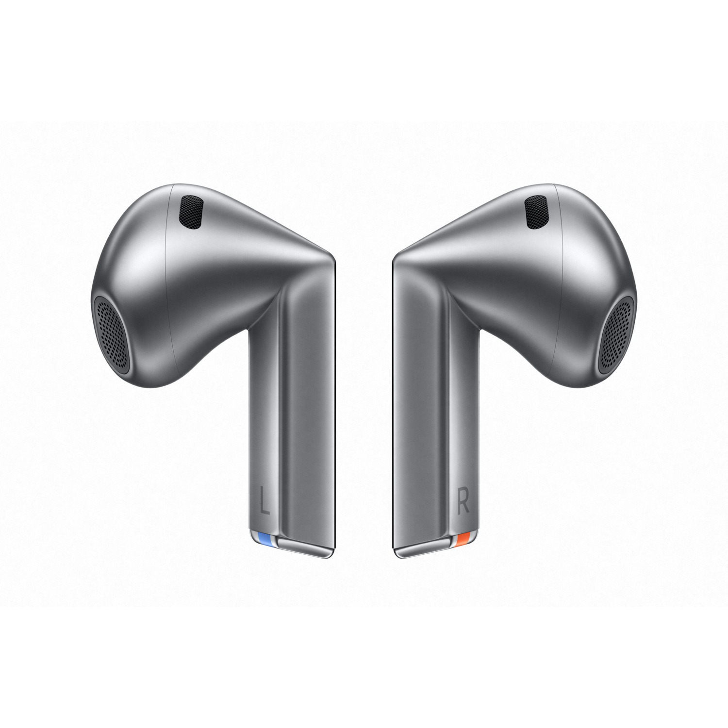 Two silver wireless earbuds, left and right with color indications.