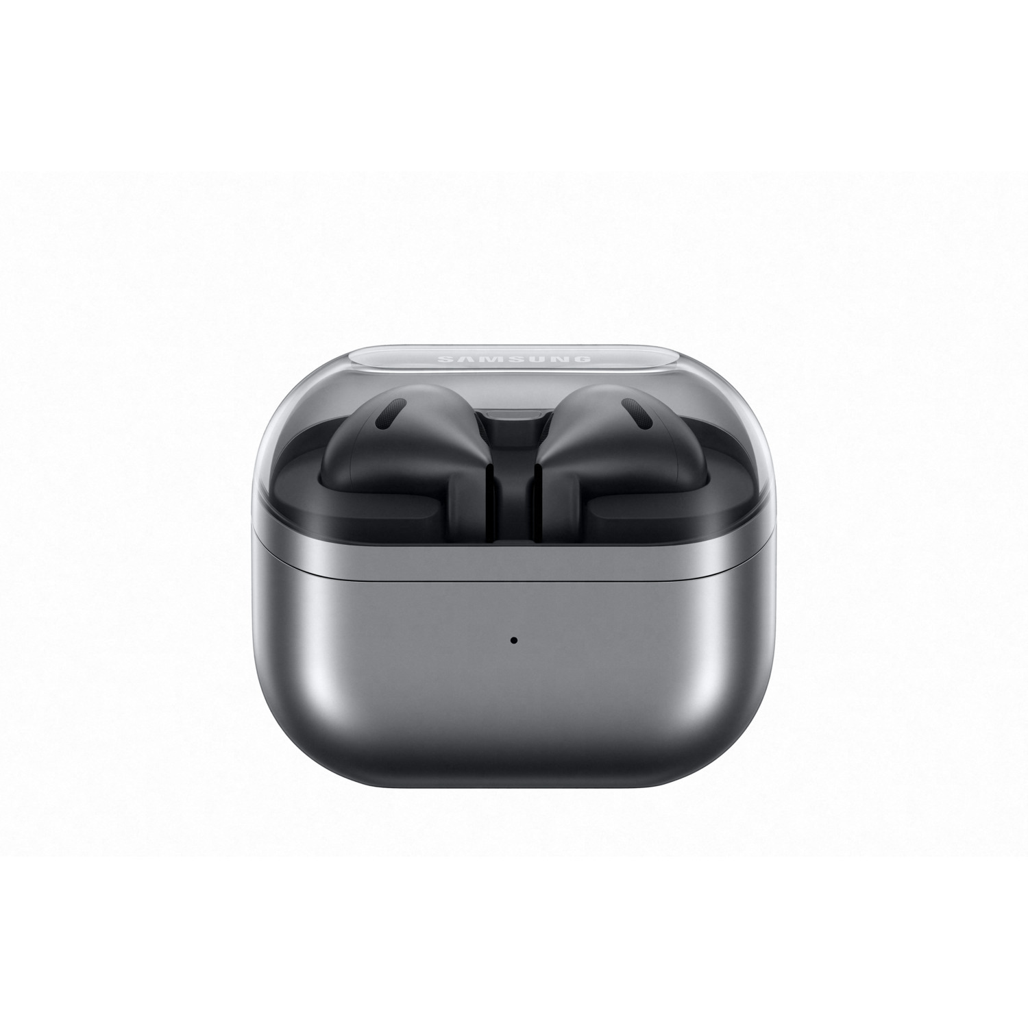 Metallic gray earbuds inside a charging case with a clear lid.