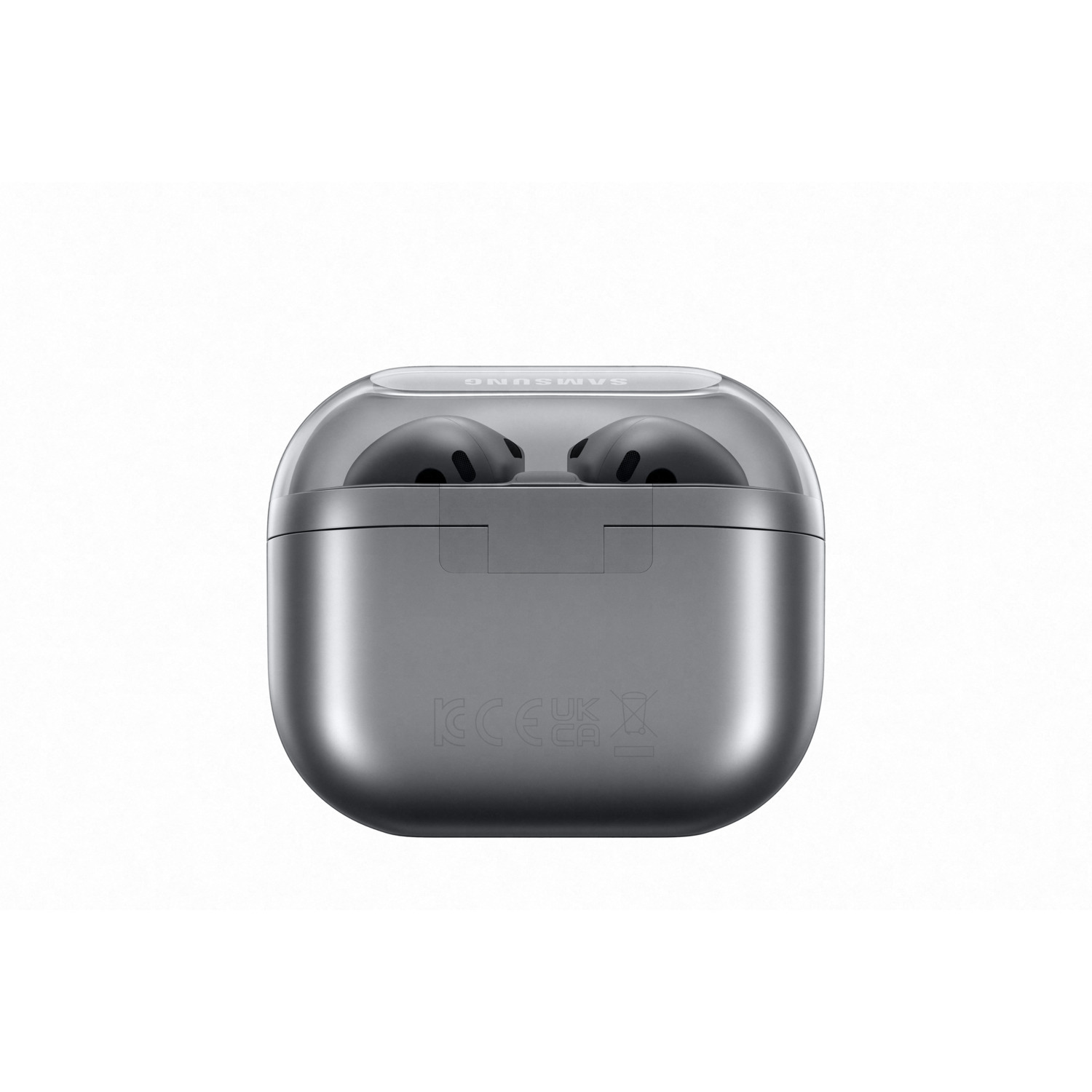 Gray earbuds in a gray charging case. 