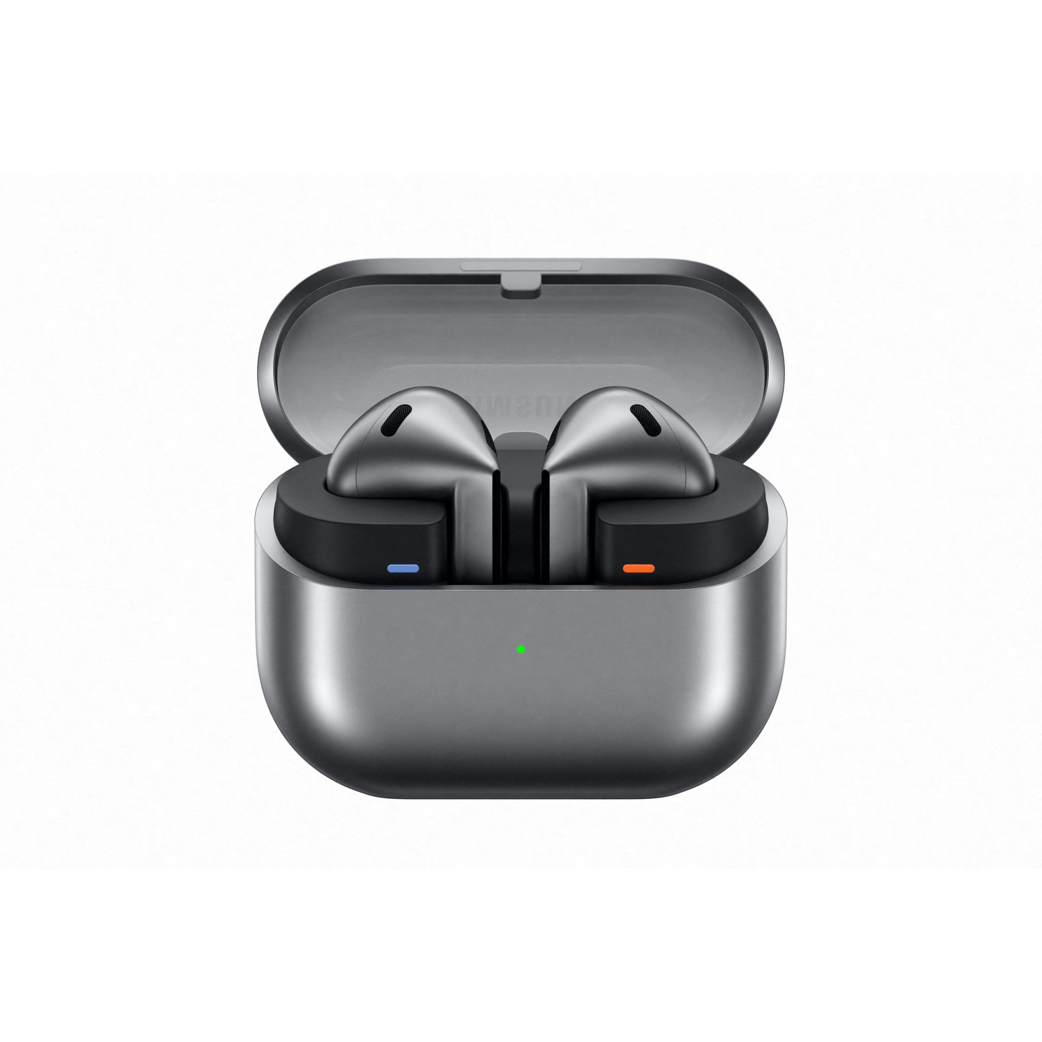 Gray earbuds in a charging case. Case is open, showing the buds inside. White background.