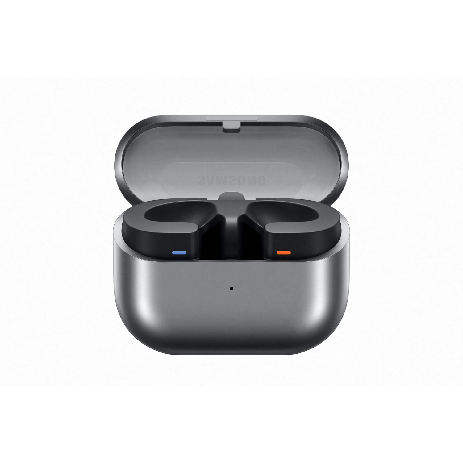 Gray earbuds case, open, showing two earbuds. Blue and orange charging indicators.