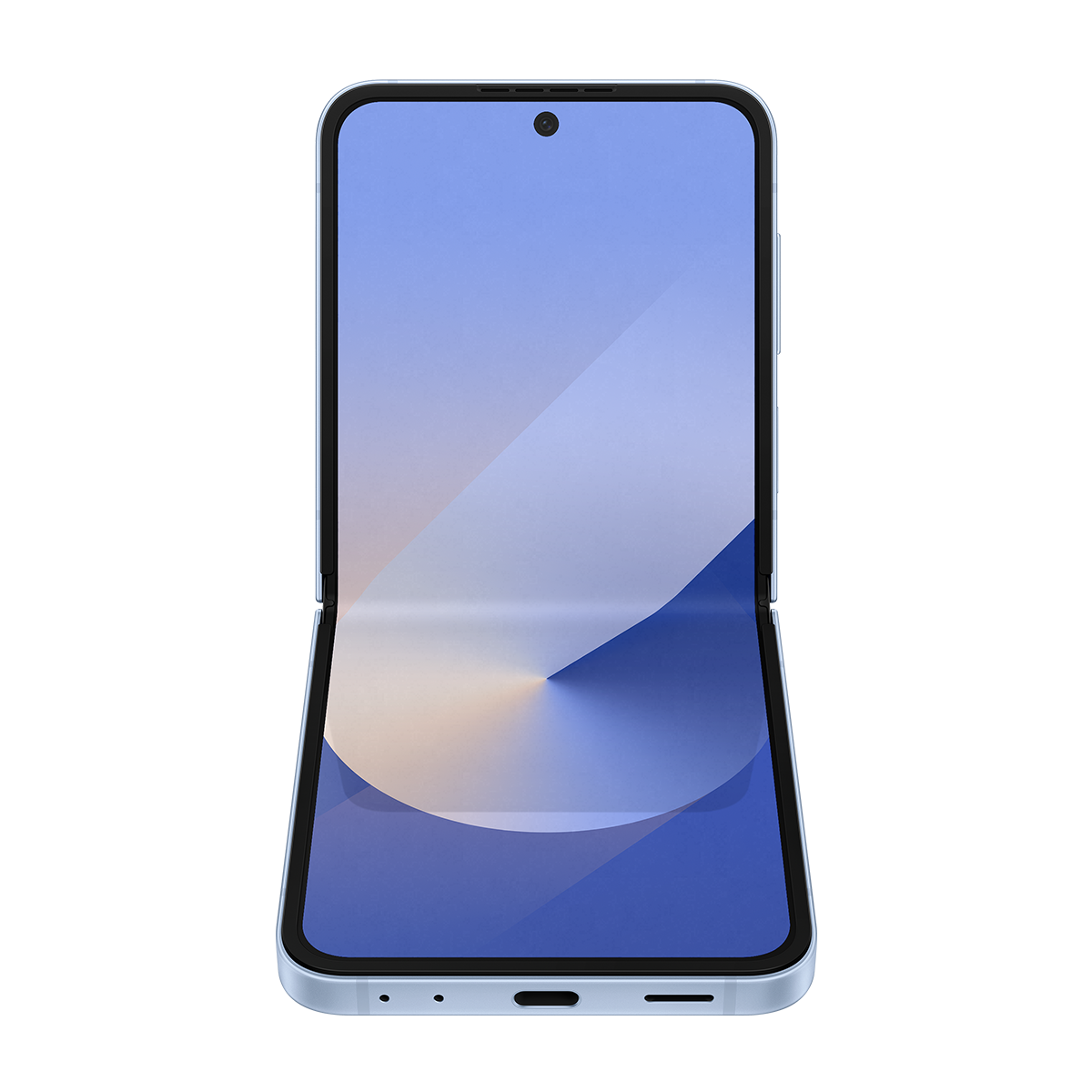 Mavi ekranlı, açık mavi katlanabilir bir akıllı telefon. Telefon açık, ekranı gösteriyor.