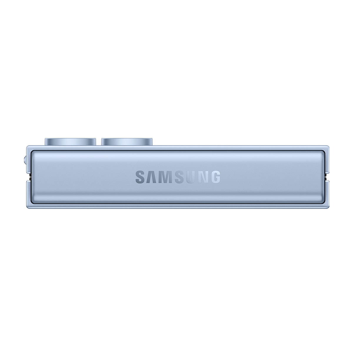Açık mavi Samsung cihazı, muhtemelen telefon, iki kamera lensi ve 'SAMSUNG' logosuyla.