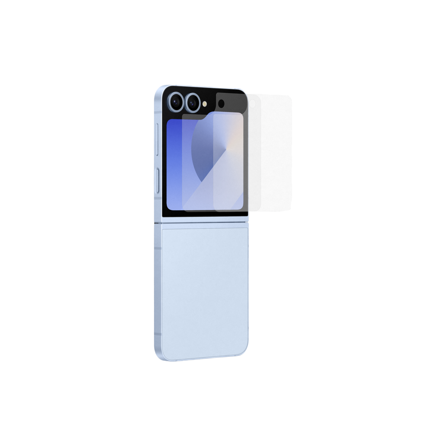 Un smartphone pliable bleu clair, partiellement ouvert, révélant un écran interne. Possède un double appareil photo.