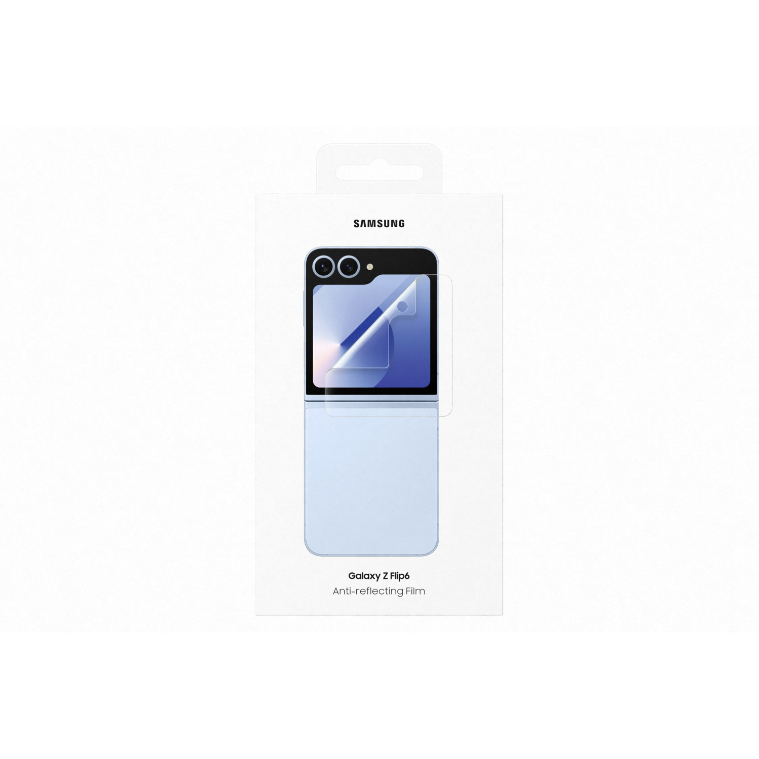 Une boîte blanche contenant un téléphone plié et un protecteur d'écran, sur fond blanc. La boîte a une poignée.