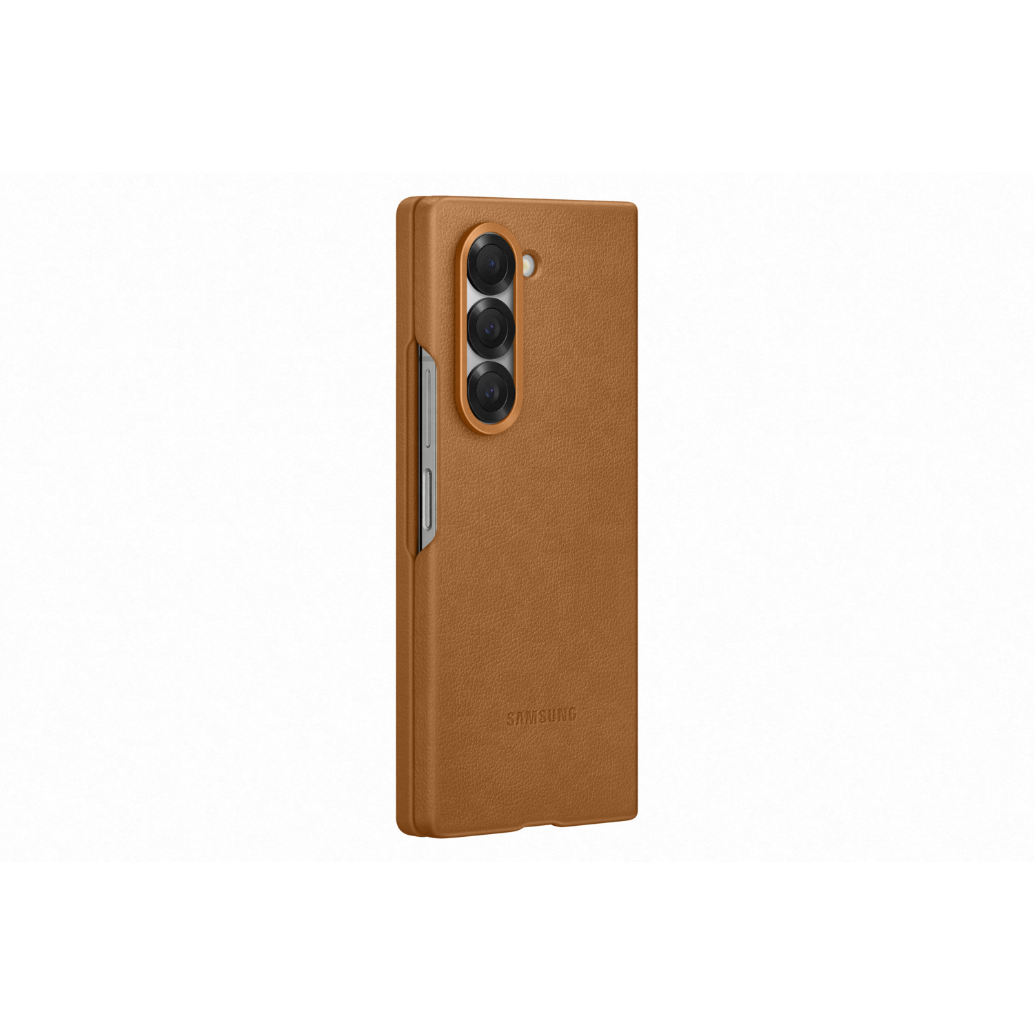 Bruine telefoonhoes met drie camera's.