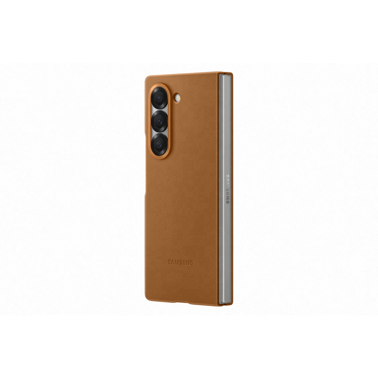 Een bruine leren hoes voor een opvouwbare telefoon, gesloten. Het Samsung-logo is zichtbaar.