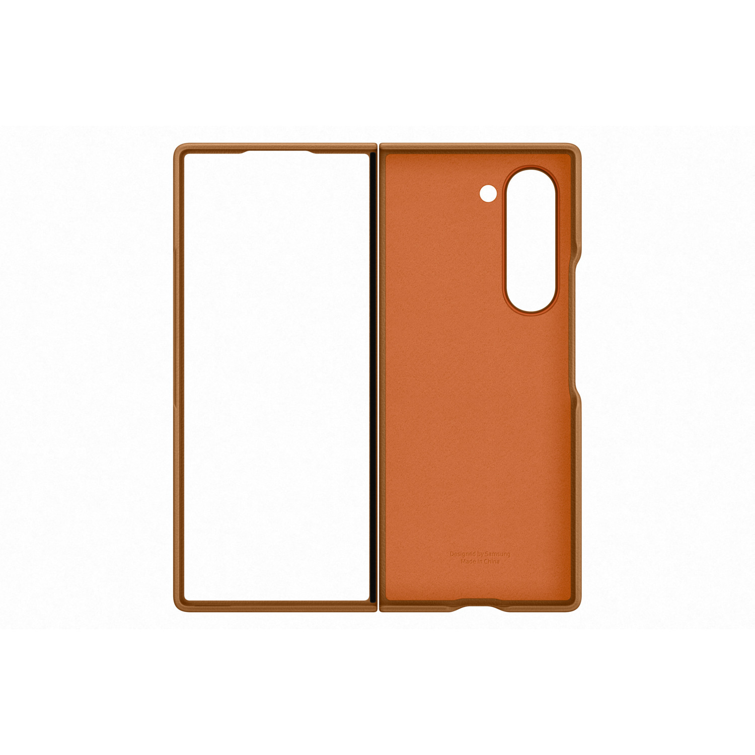 Open oranje telefoonhoes op witte achtergrond. Eén kant is leeg. De andere heeft een zwart gat.