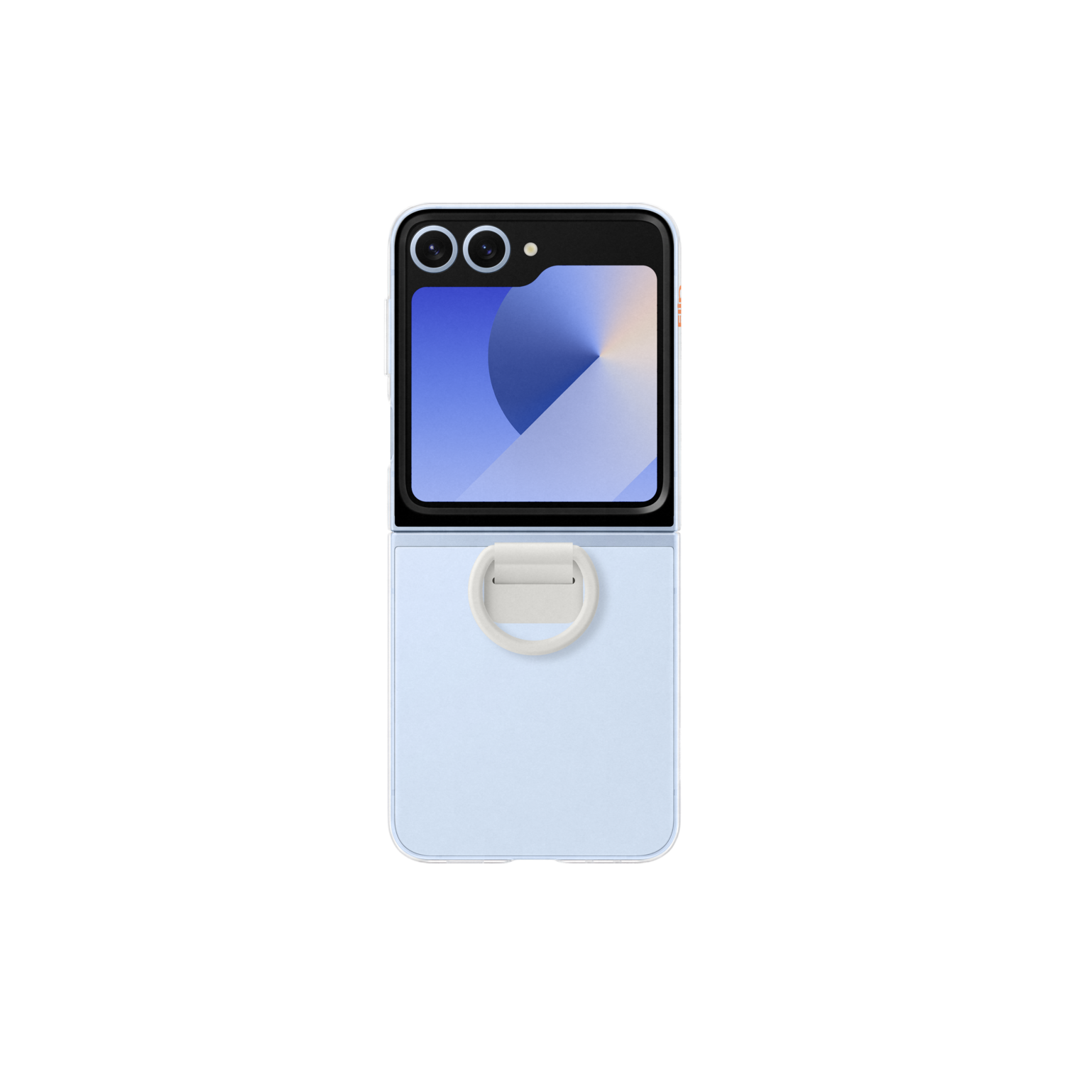 Un téléphone pliable bleu clair avec un anneau blanc et une caméra en haut.