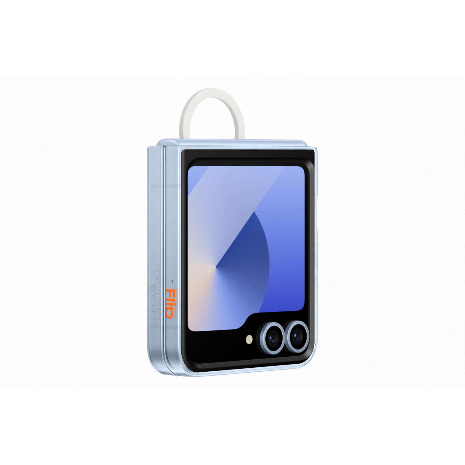 Téléphone Samsung Galaxy Flip bleu avec boucle blanche et doubles caméras arrière.