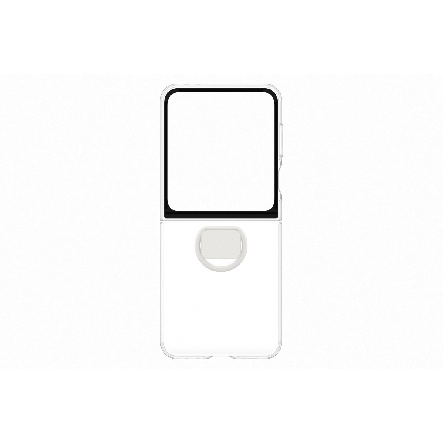 Un téléphone plié, extérieur blanc, écran noir. L'écran supérieur est ouvert. Le bas est fermé avec une découpe ronde.