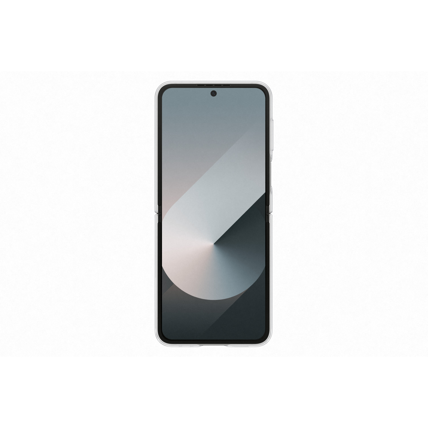 Un téléphone avec une coque transparente sur fond blanc. L'écran affiche un design gris et blanc.