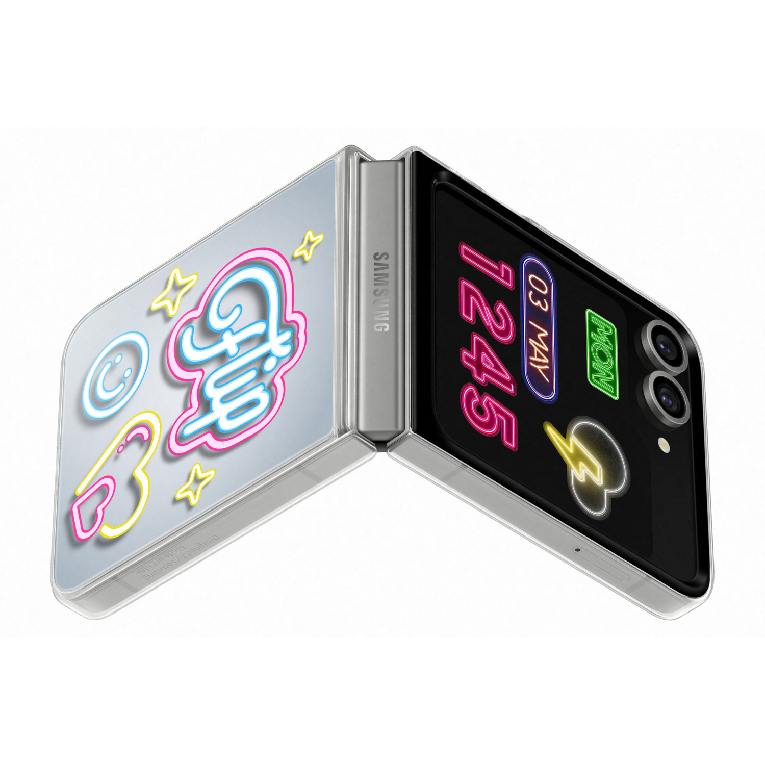 Téléphone pliable, ouvert. L'écran a un art néon coloré. Fond blanc.