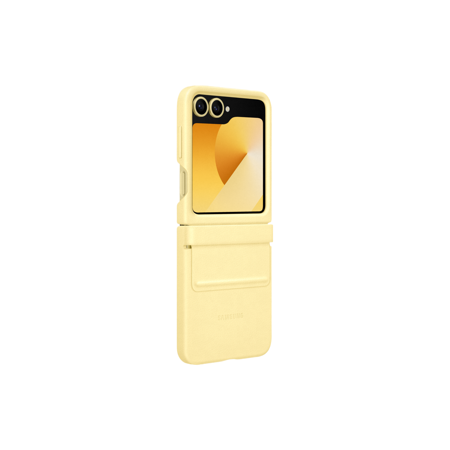Gele telefoonhoes met een opgevouwen telefoon erin.