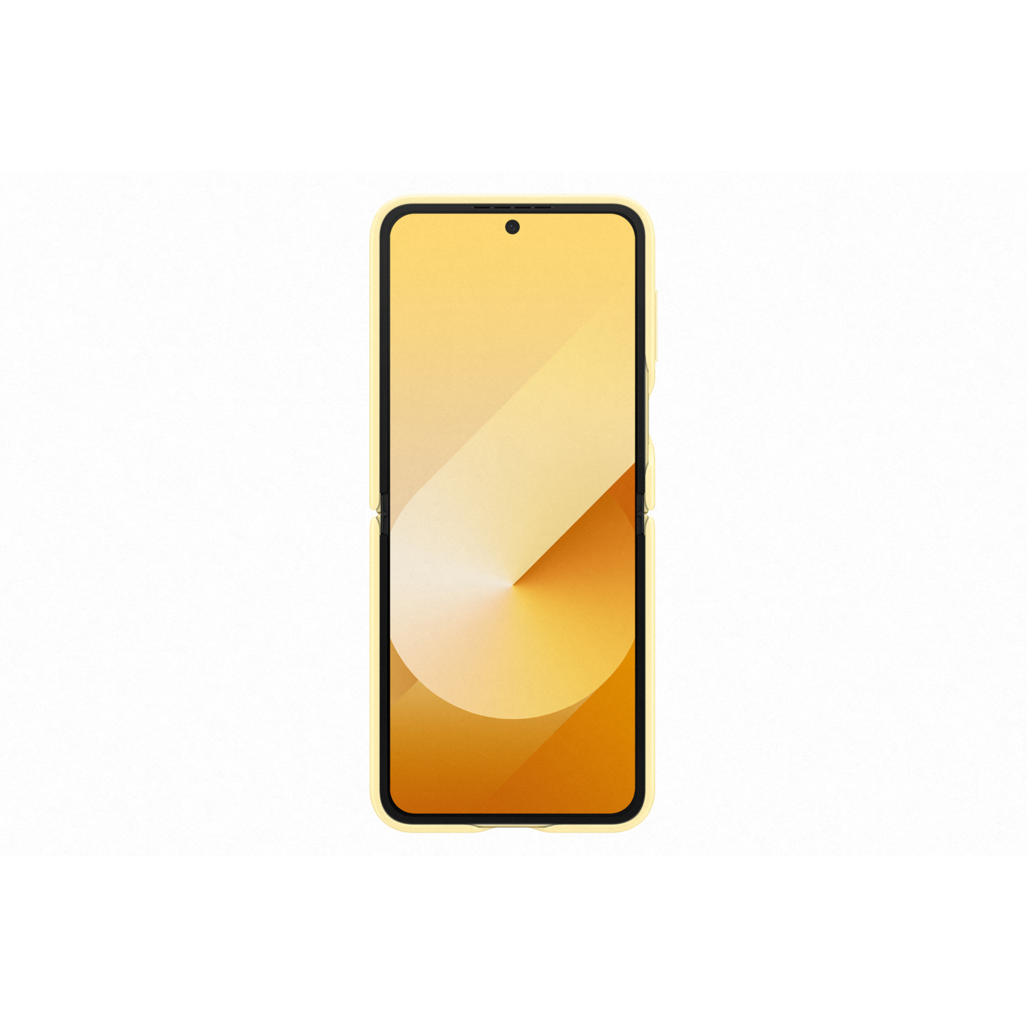 Open gele telefoon met een licht patroon op het scherm, tegen een witte achtergrond.