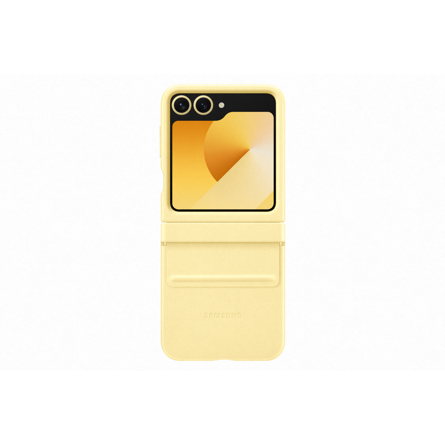 Gele telefoonhoes voor een opvouwbare telefoon, met een gesloten scherm, witte achtergrond.