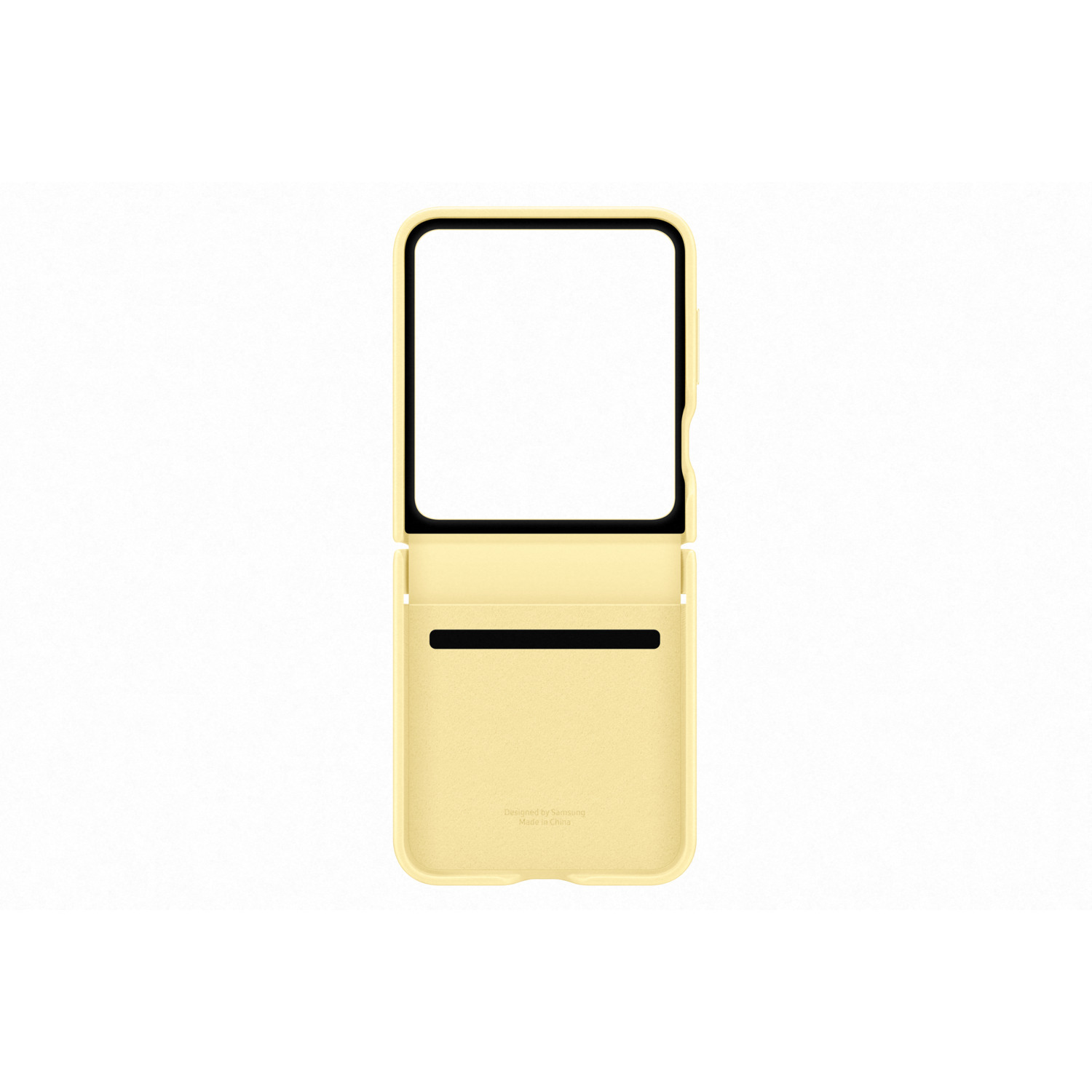 Een gele telefoonhoes met een doorzichtige schermbeschermer. De telefoon zit niet in de hoes.