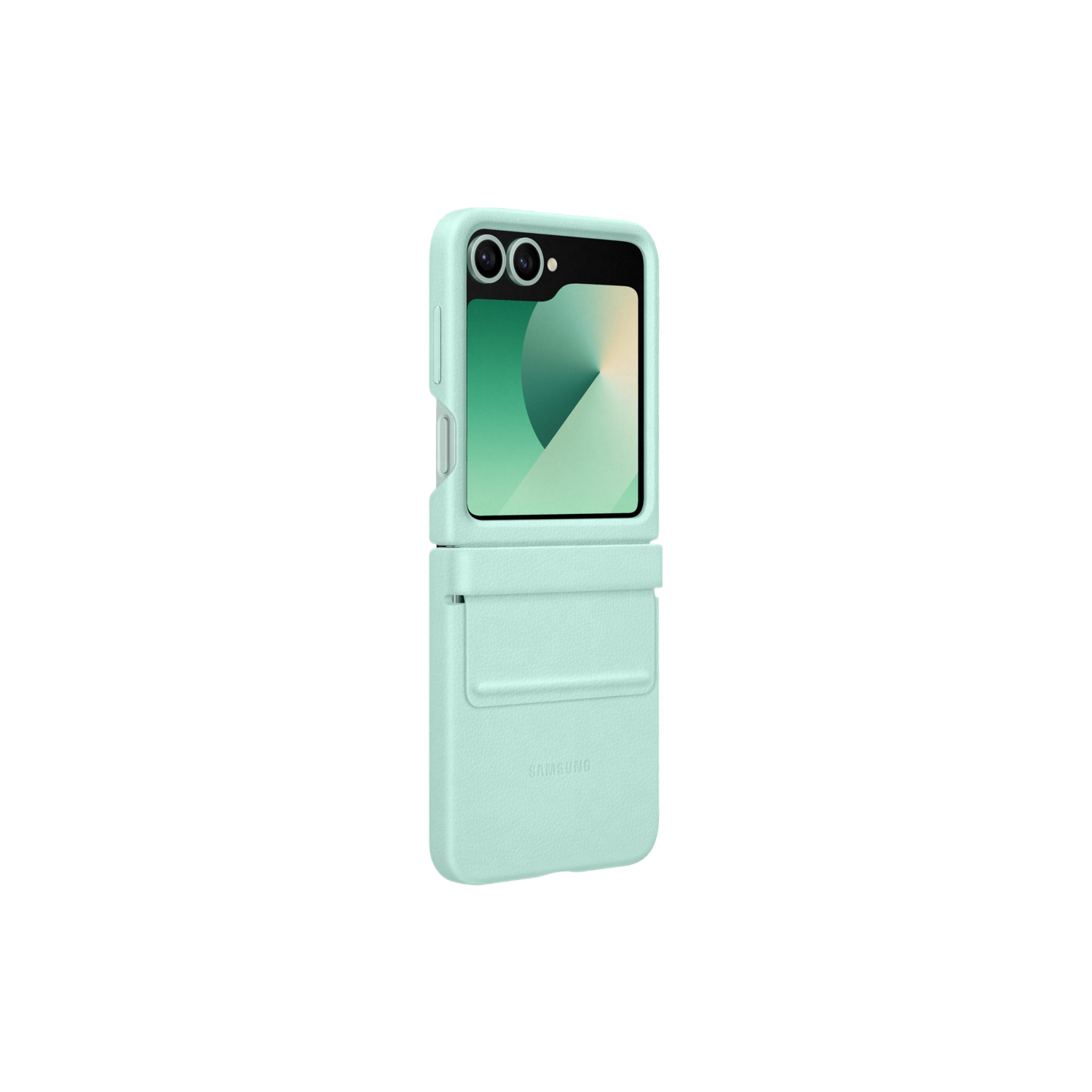 Téléphone Samsung Galaxy Z Flip vert menthe avec étui assorti, ouvert, sur fond noir.