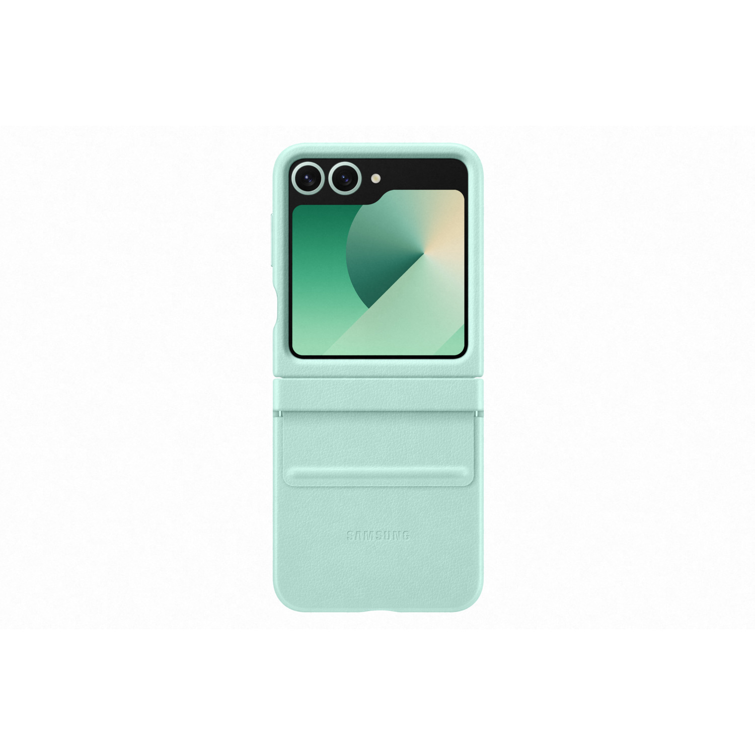 Téléphone pliable vert dans un étui vert. L'écran est visible.